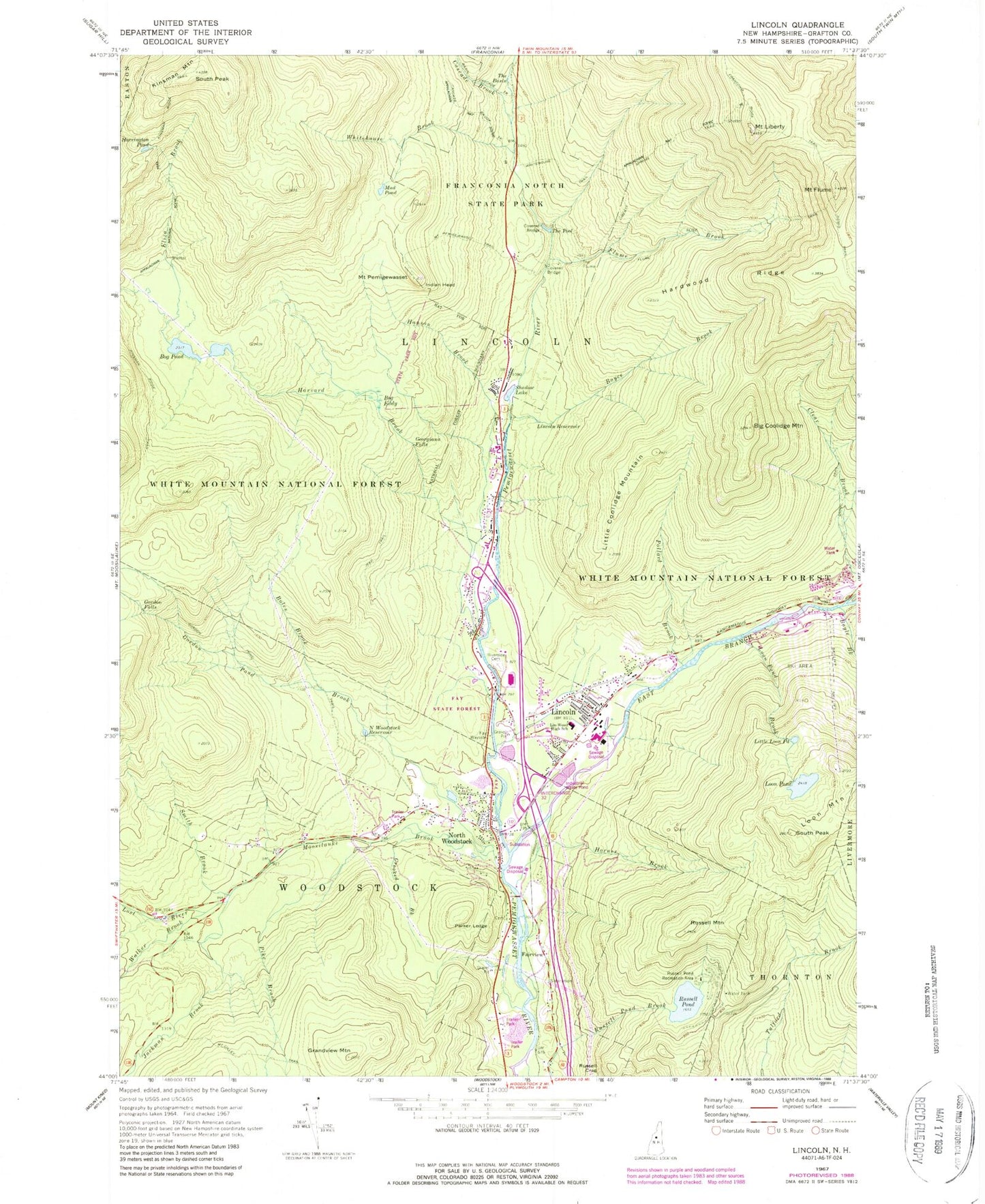 Classic USGS Lincoln New Hampshire 7.5'x7.5' Topo Map Image