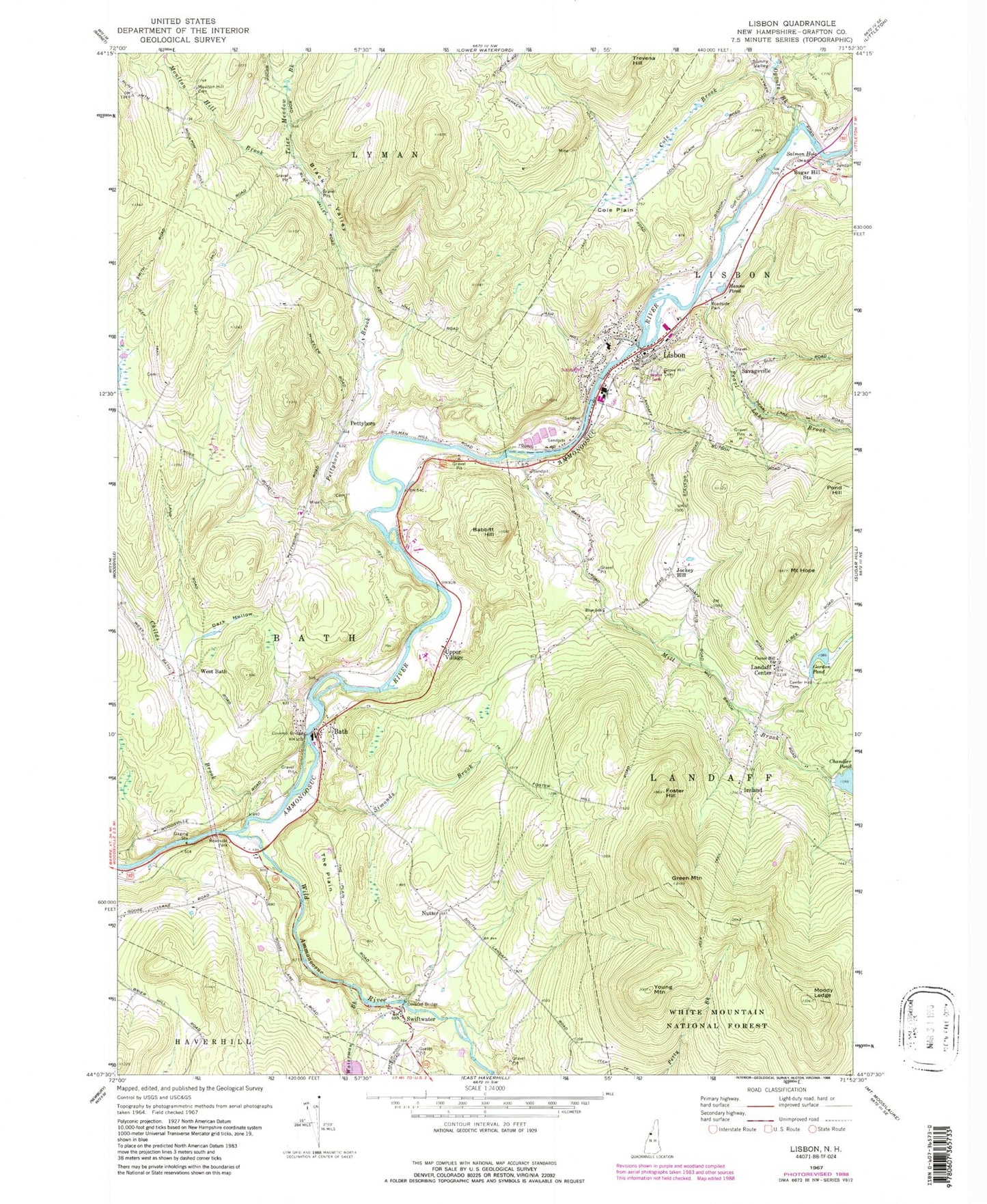 Classic USGS Lisbon New Hampshire 7.5'x7.5' Topo Map Image