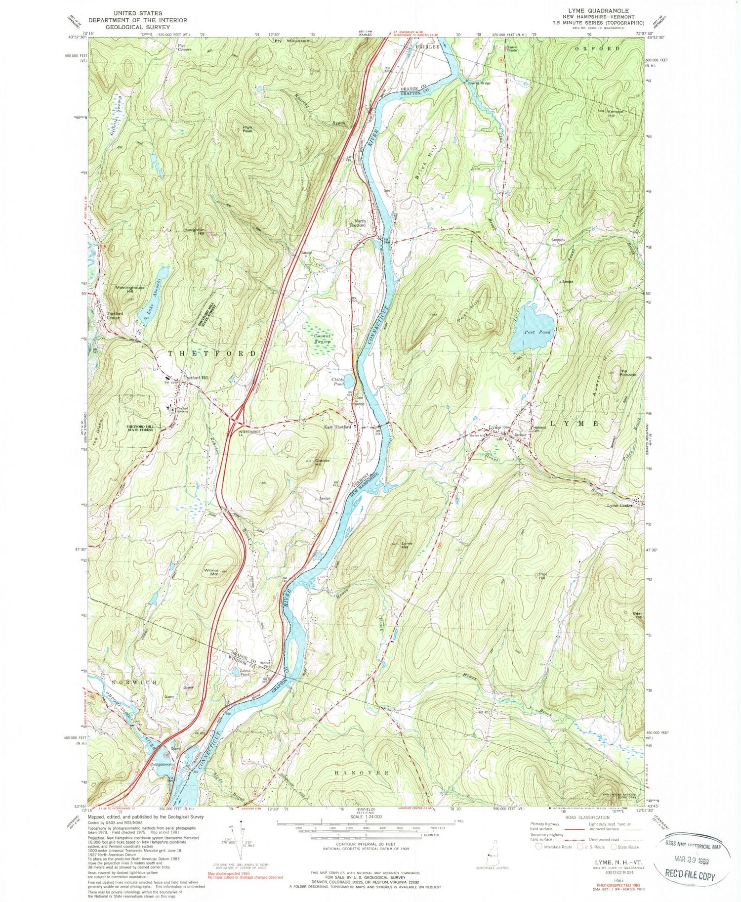 Classic USGS Lyme New Hampshire 7.5'x7.5' Topo Map Image
