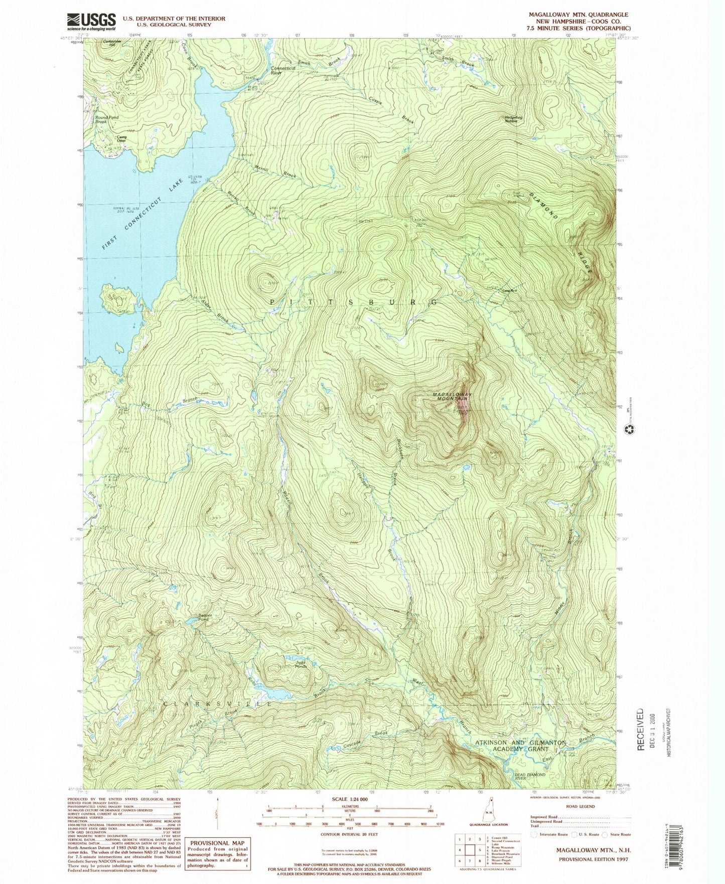 Classic USGS Magalloway Mountain New Hampshire 7.5'x7.5' Topo Map Image