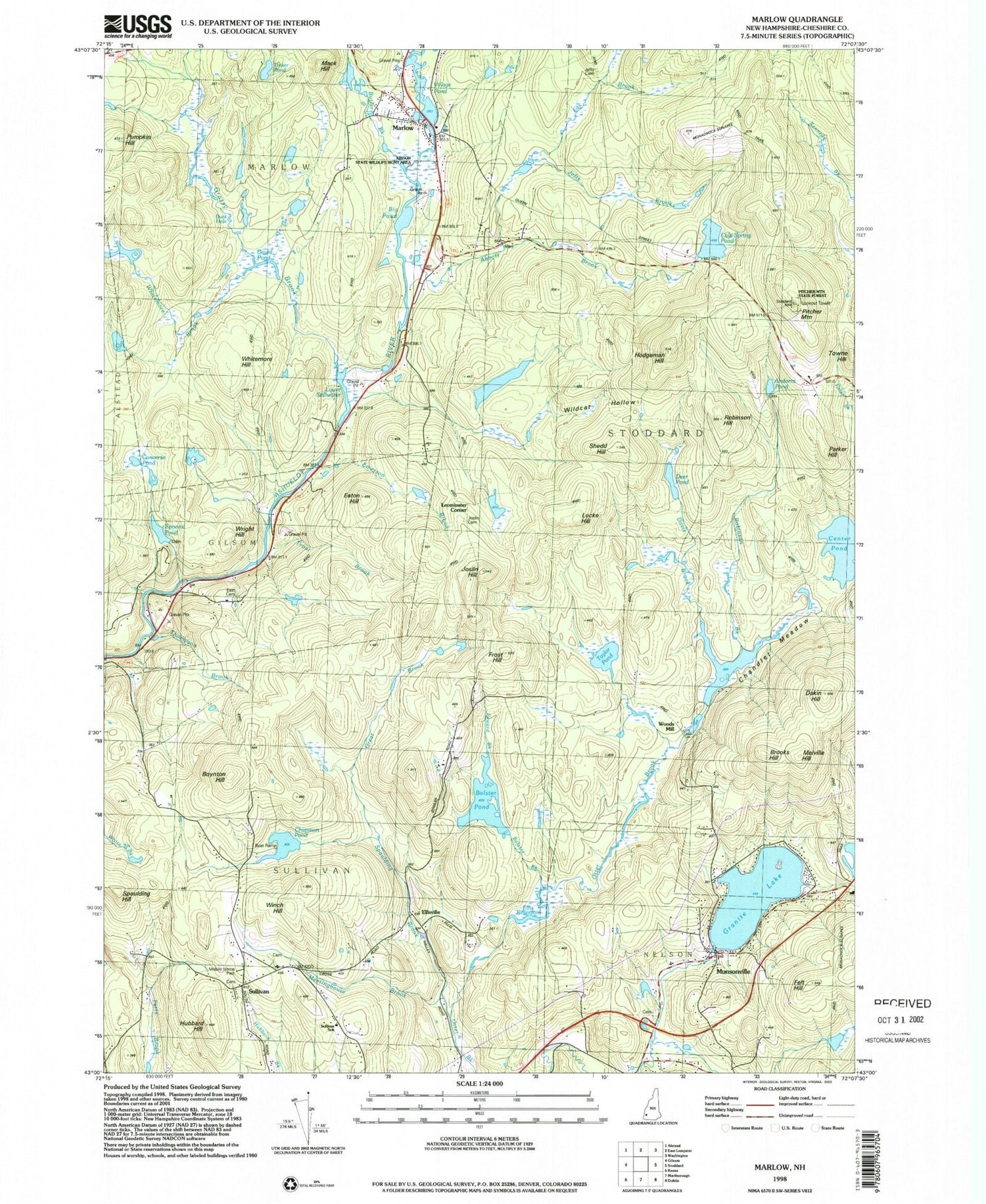 Classic USGS Marlow New Hampshire 7.5'x7.5' Topo Map Image
