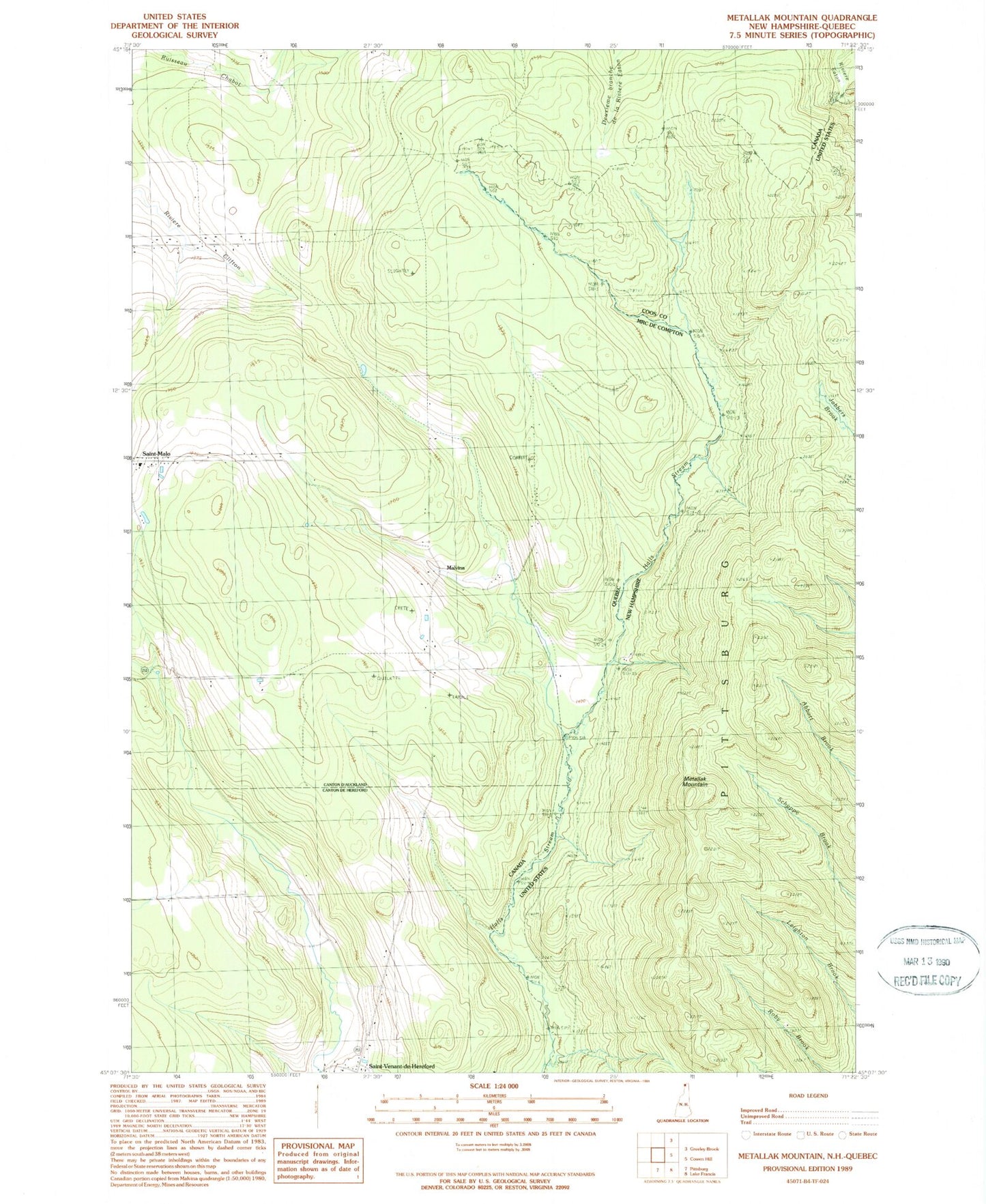 Classic USGS Metallak Mountain New Hampshire 7.5'x7.5' Topo Map Image