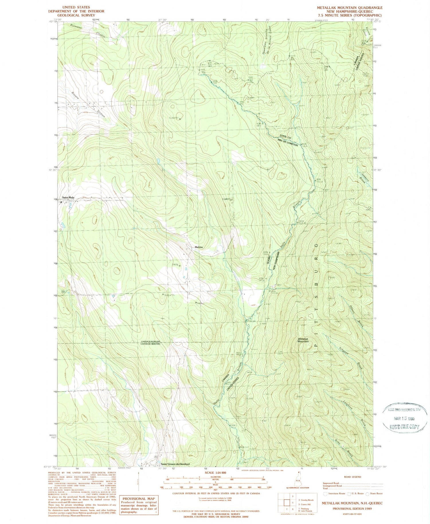 Classic USGS Metallak Mountain New Hampshire 7.5'x7.5' Topo Map Image