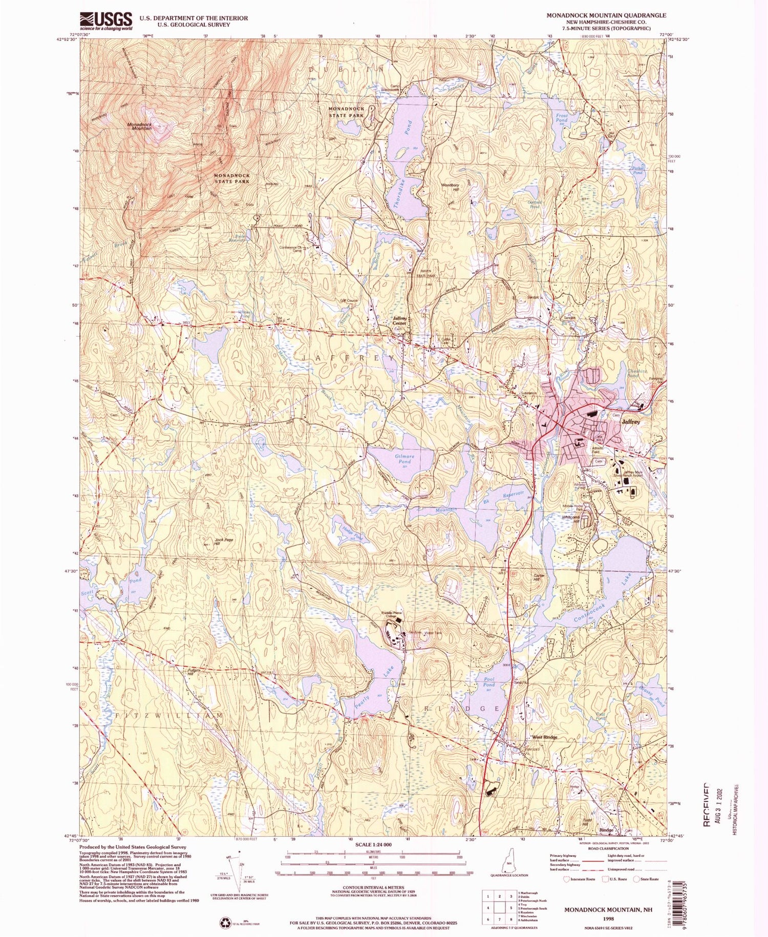 USGS Classic Monadnock Mountain New Hampshire 7.5'x7.5' Topo Map Image