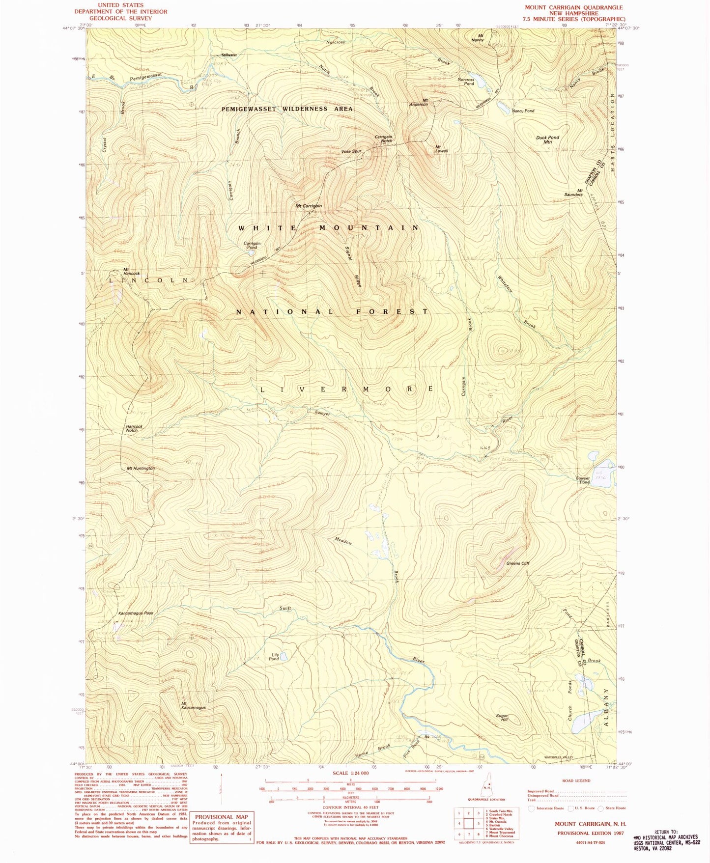 Classic USGS Mount Carrigain New Hampshire 7.5'x7.5' Topo Map Image