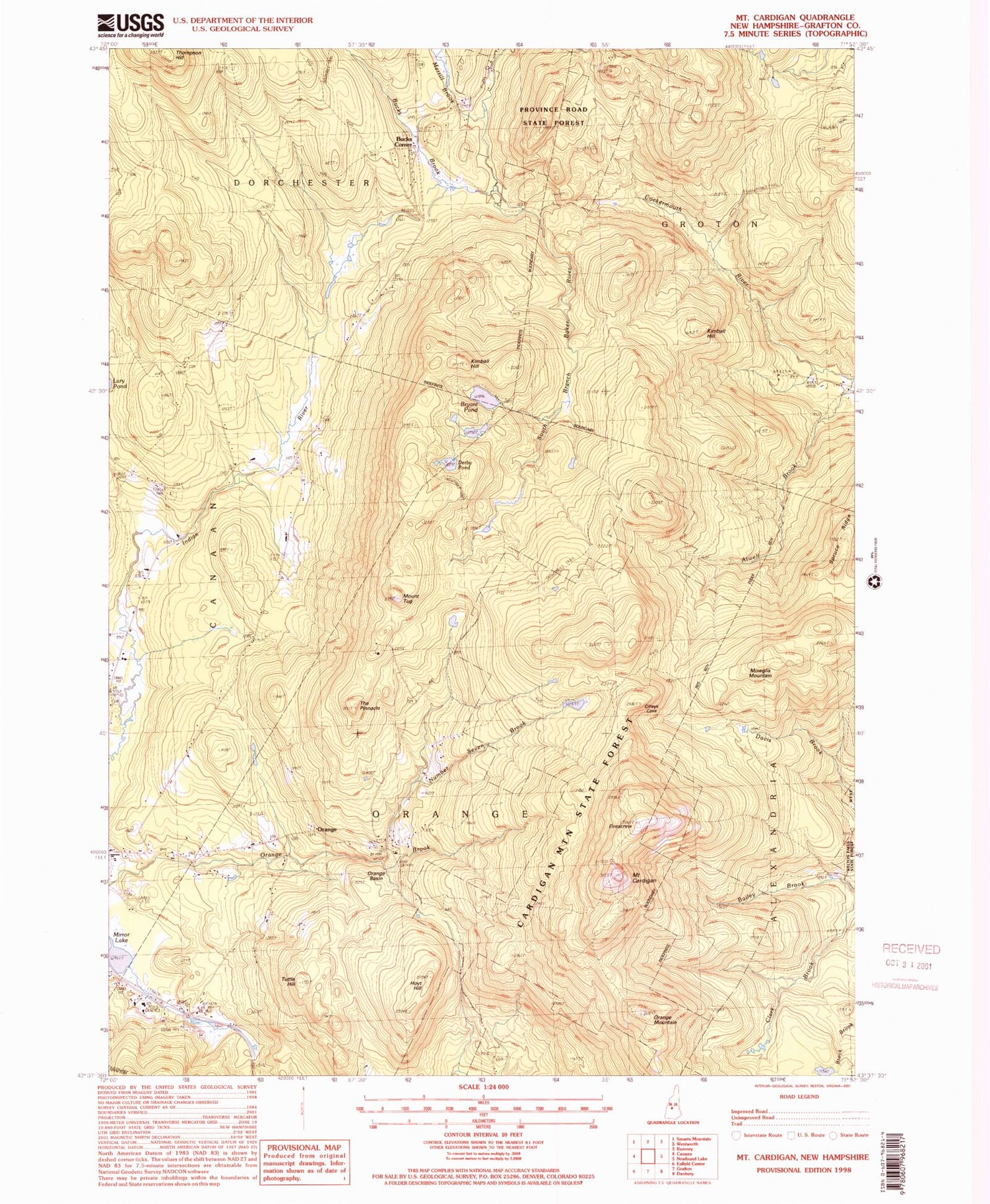 Classic USGS Mount Cardigan New Hampshire 7.5'x7.5' Topo Map Image
