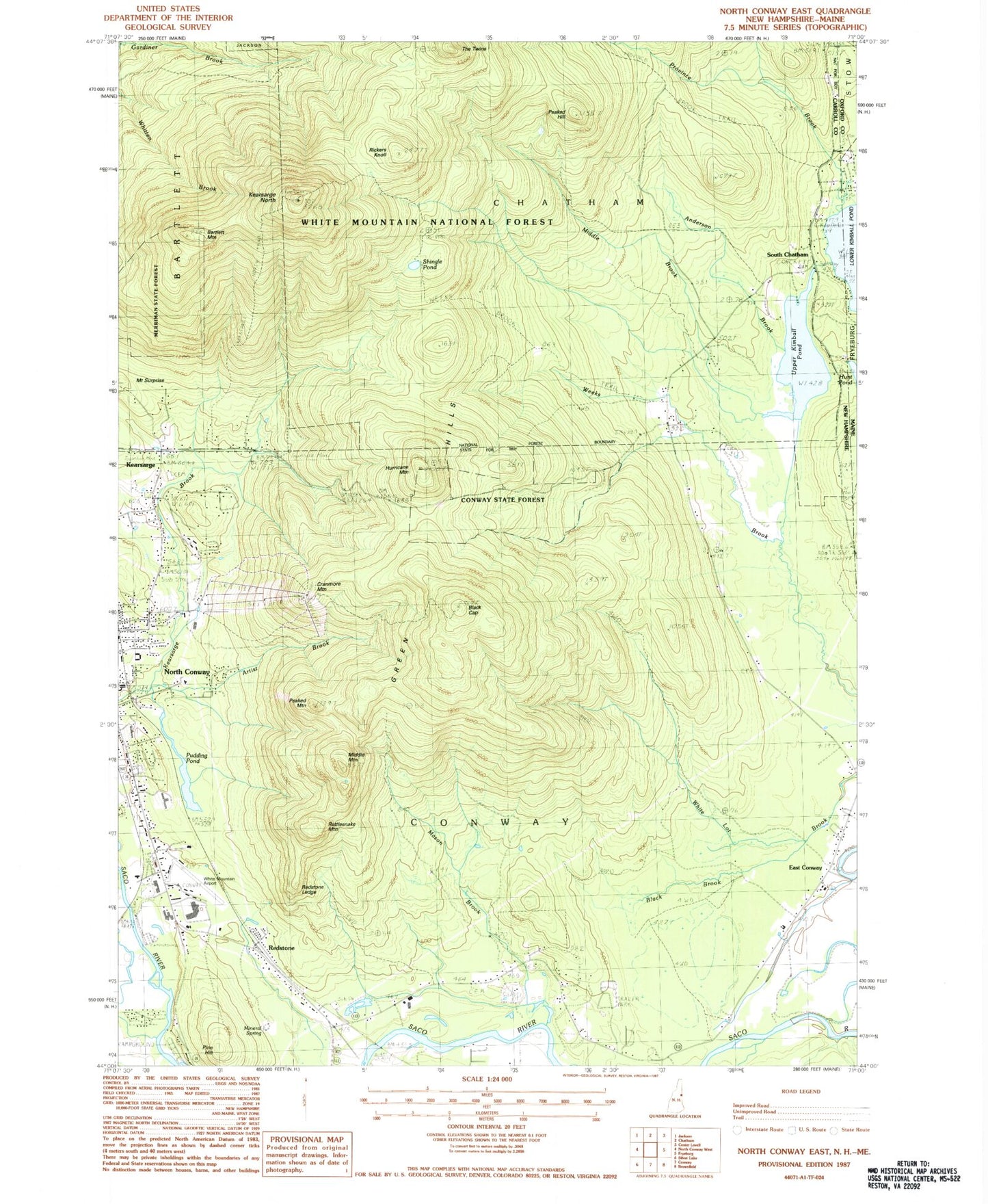Classic USGS North Conway East New Hampshire 7.5'x7.5' Topo Map Image