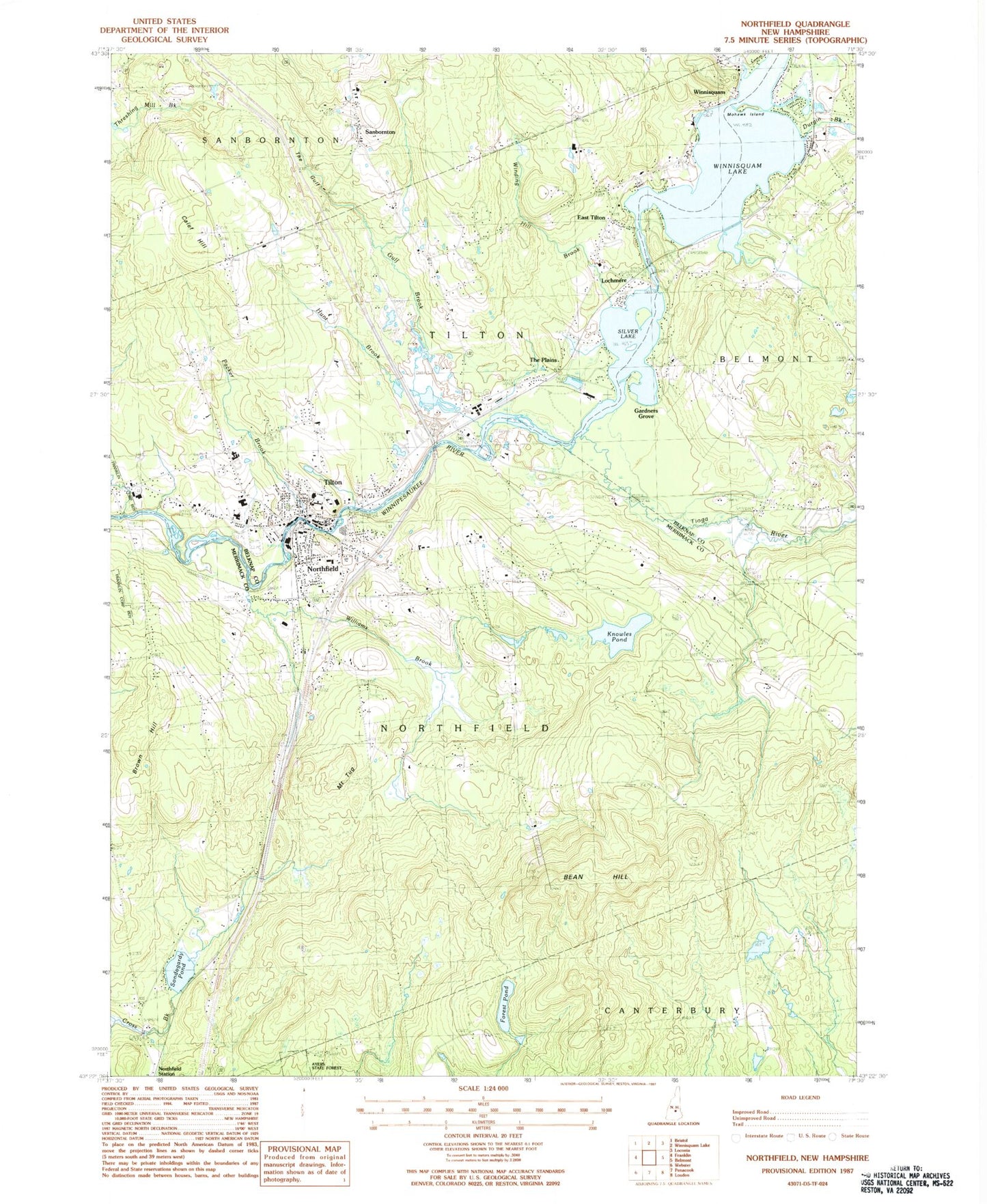 Classic USGS Northfield New Hampshire 7.5'x7.5' Topo Map Image