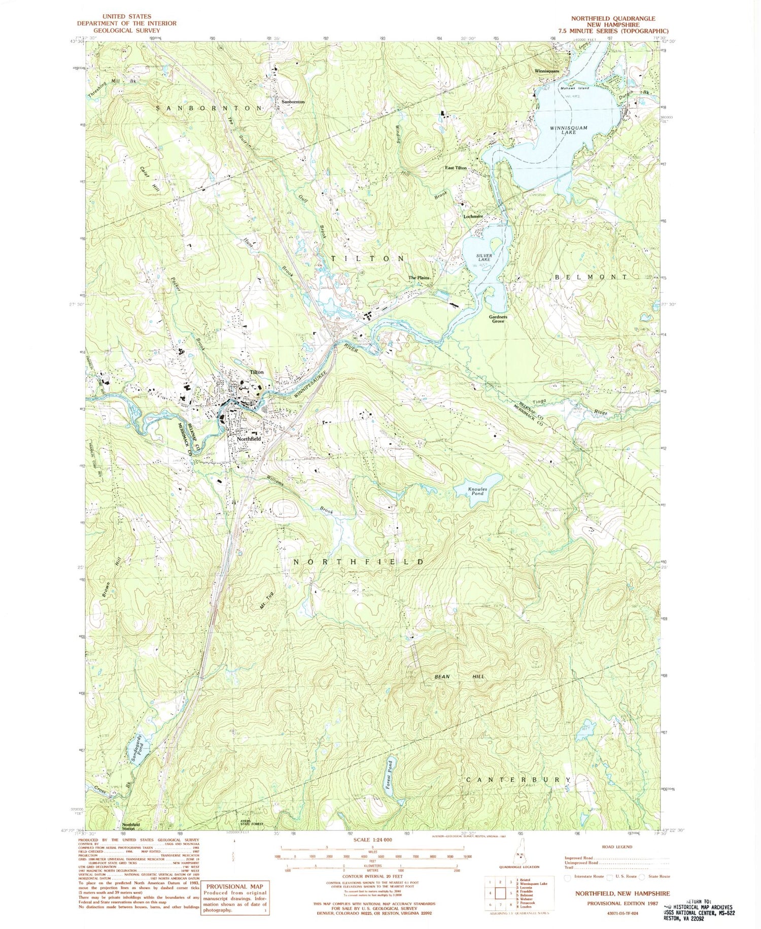 Classic USGS Northfield New Hampshire 7.5'x7.5' Topo Map Image