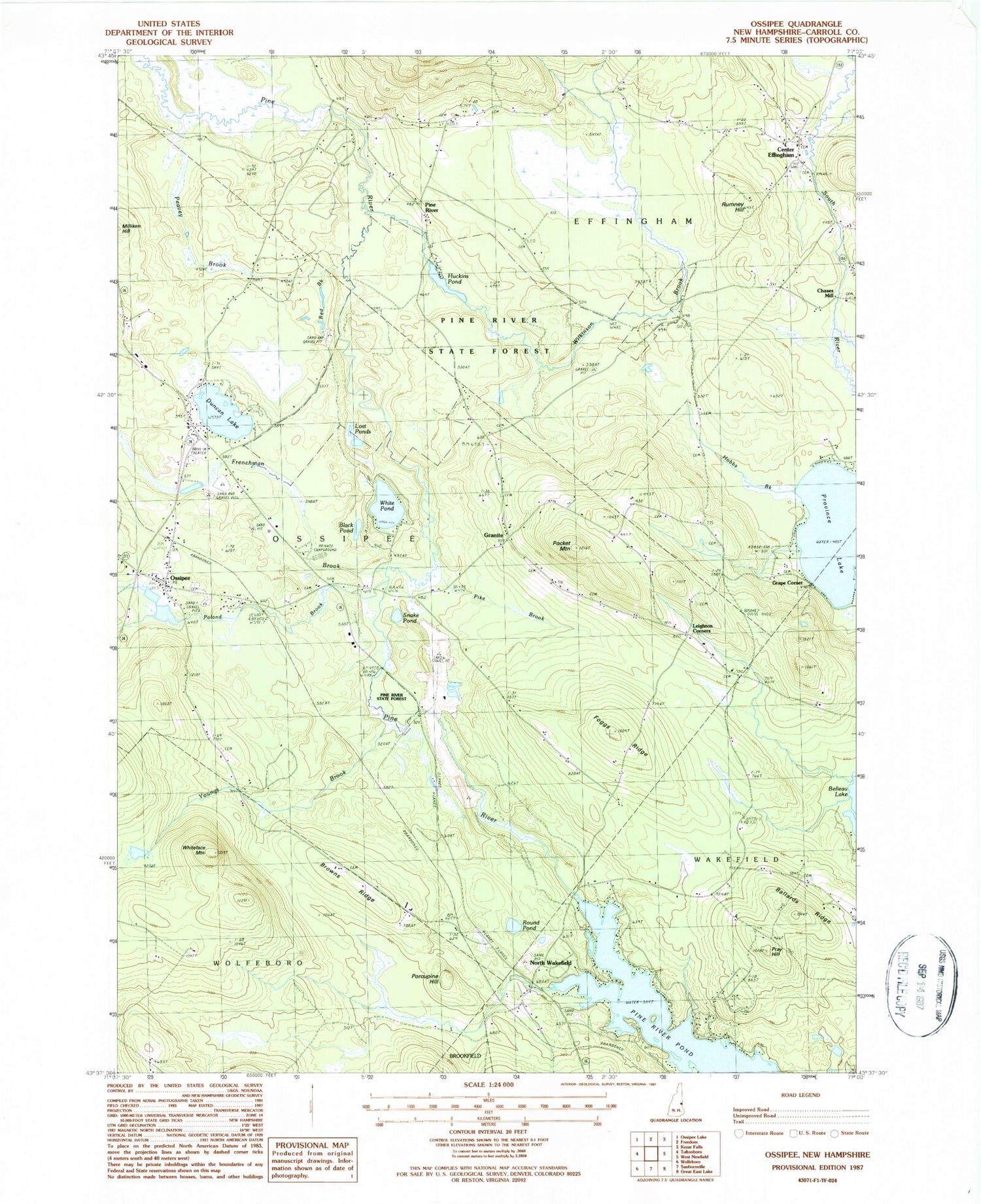 Classic USGS Ossipee New Hampshire 7.5'x7.5' Topo Map Image