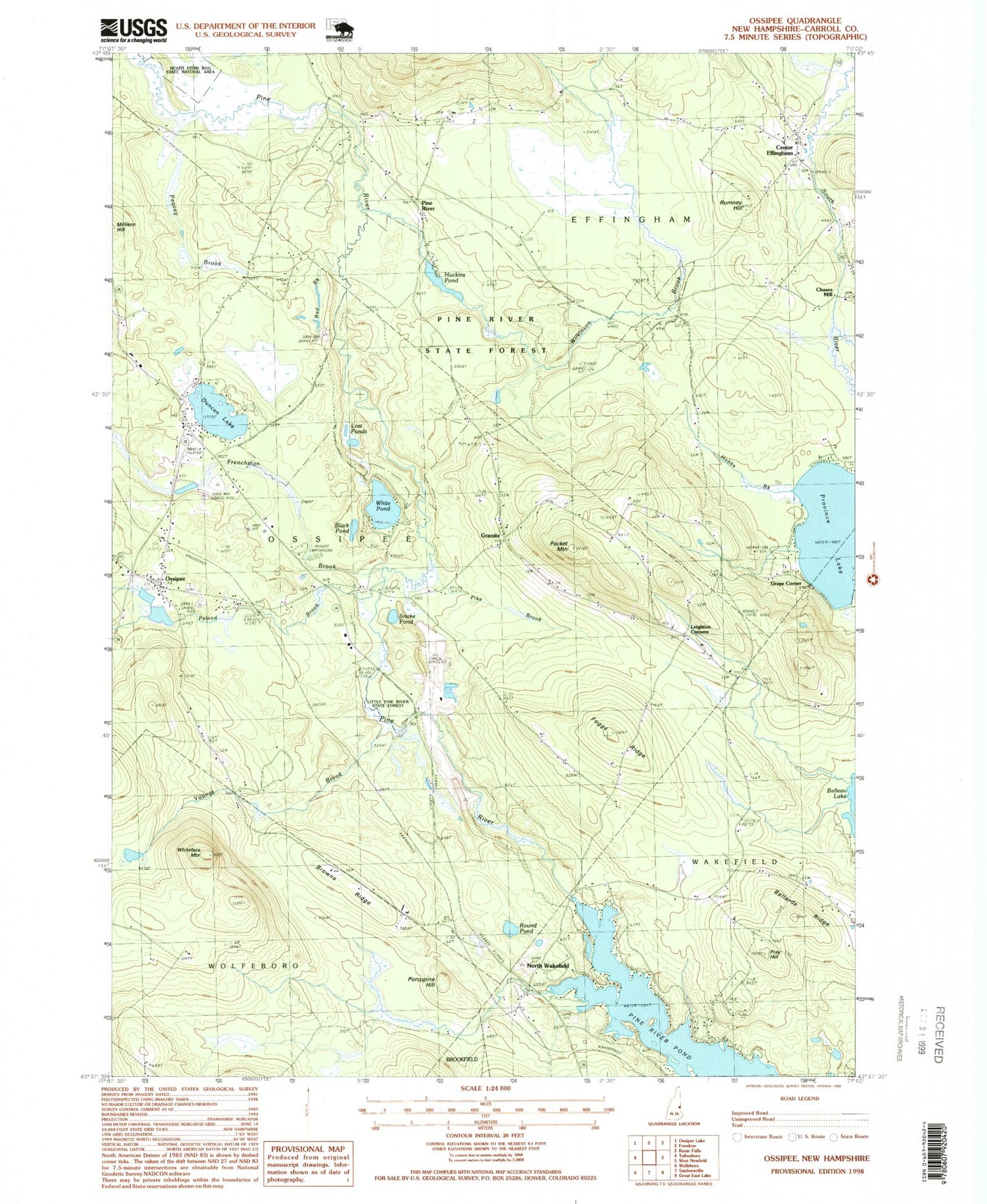 Classic USGS Ossipee New Hampshire 7.5'x7.5' Topo Map Image