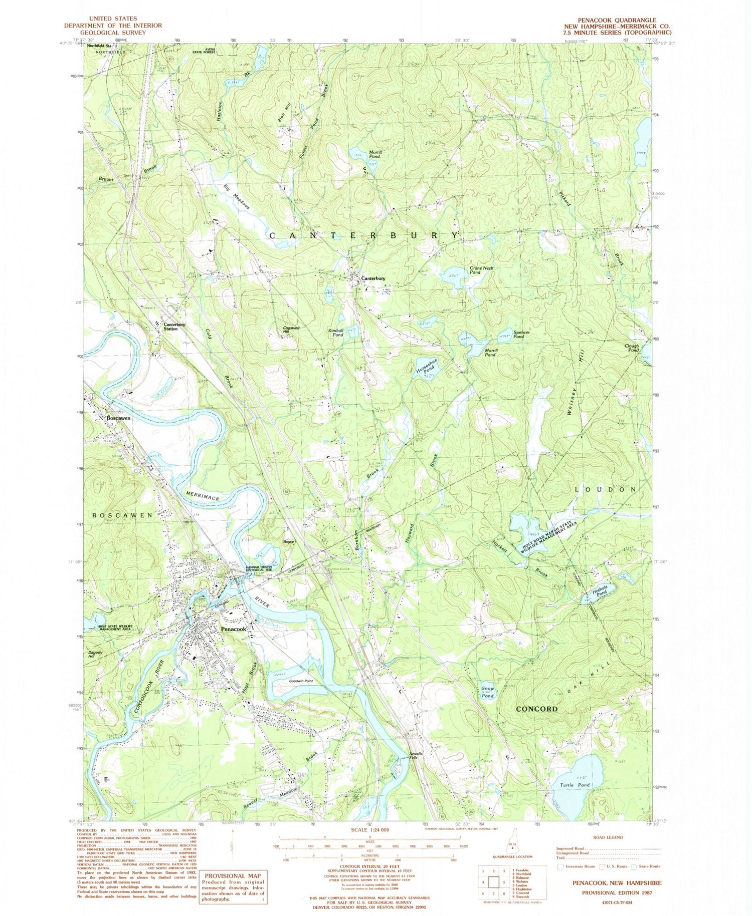Classic USGS Penacook New Hampshire 7.5'x7.5' Topo Map Image