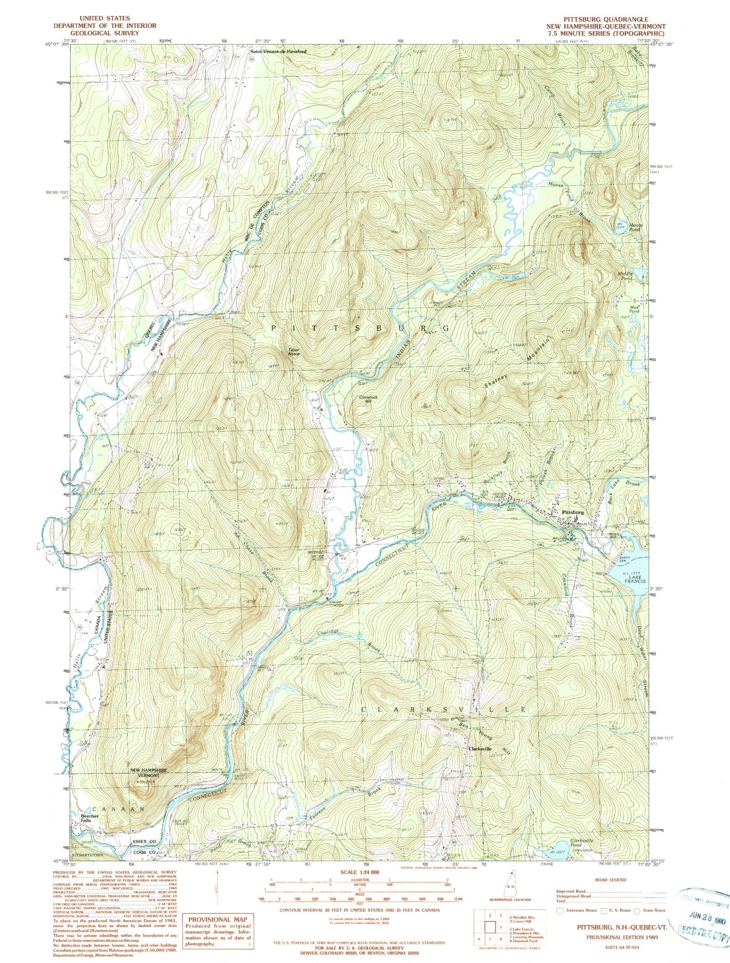 Classic USGS Pittsburg New Hampshire 7.5'x7.5' Topo Map Image