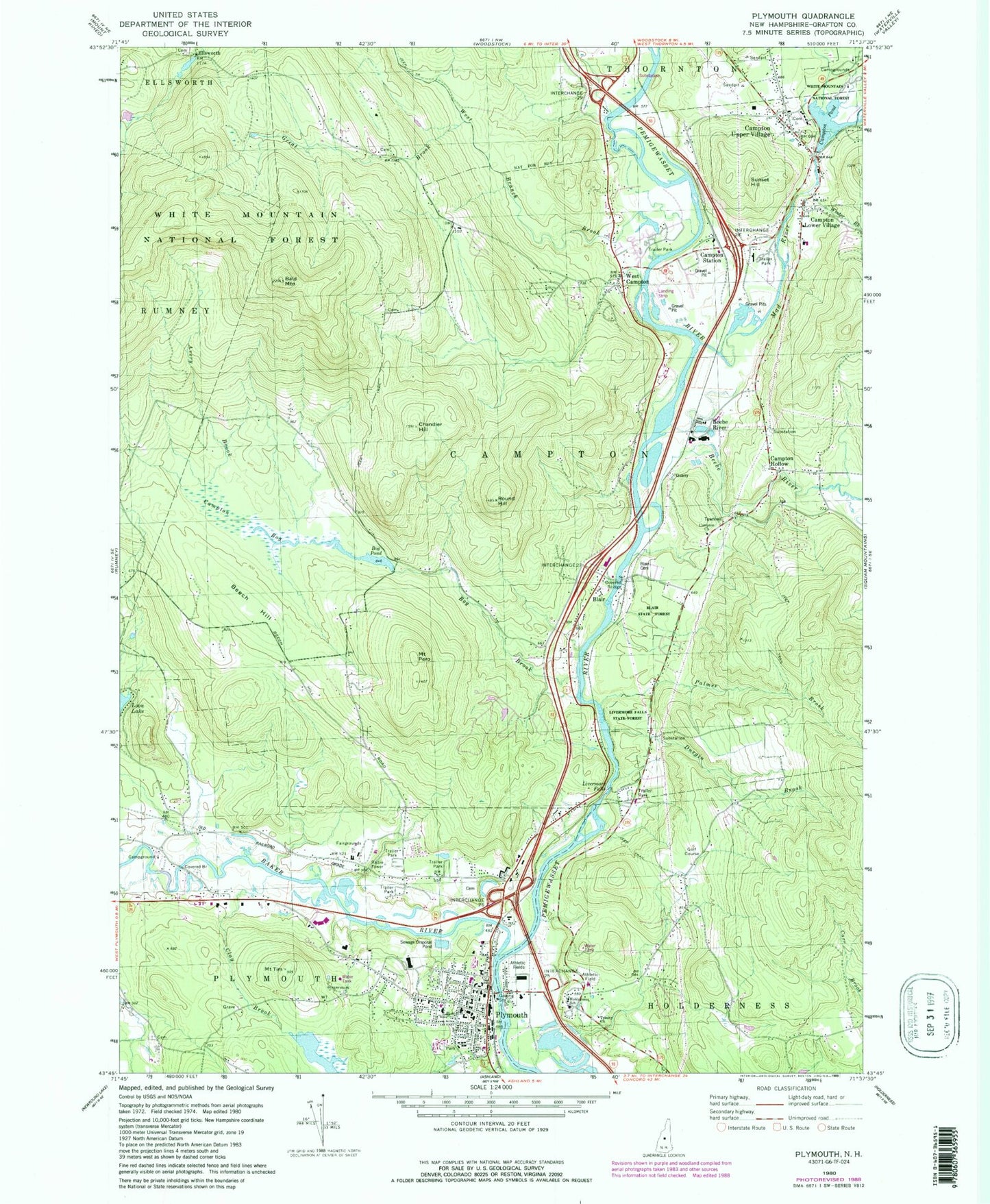 Classic USGS Plymouth New Hampshire 7.5'x7.5' Topo Map Image