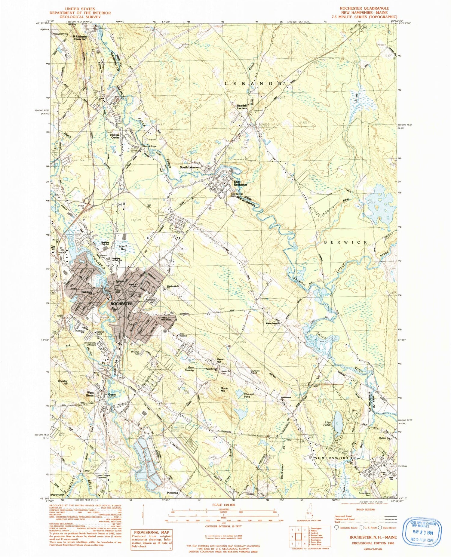 Classic USGS Rochester New Hampshire 7.5'x7.5' Topo Map Image