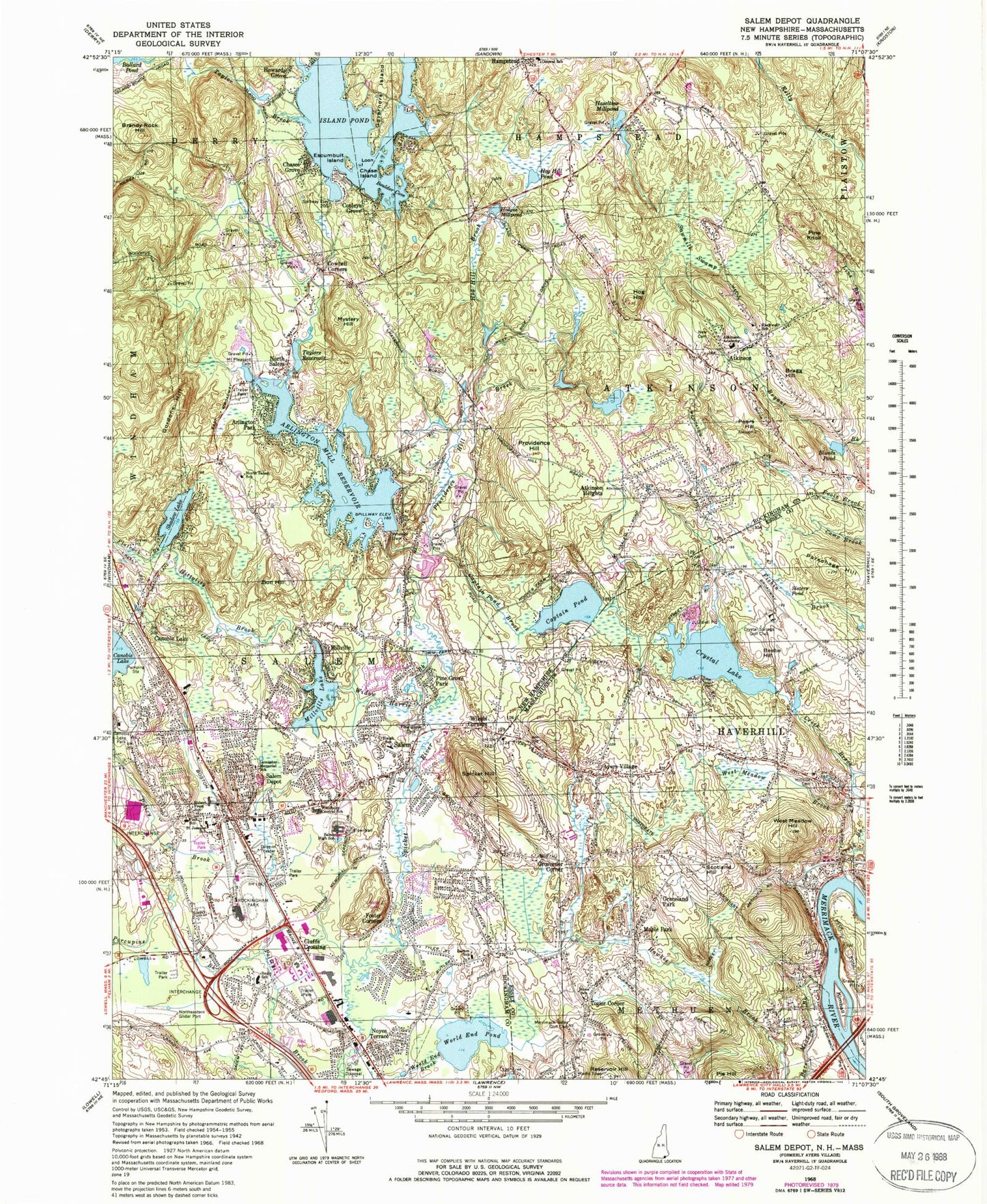 Classic USGS Salem Depot New Hampshire 7.5'x7.5' Topo Map Image