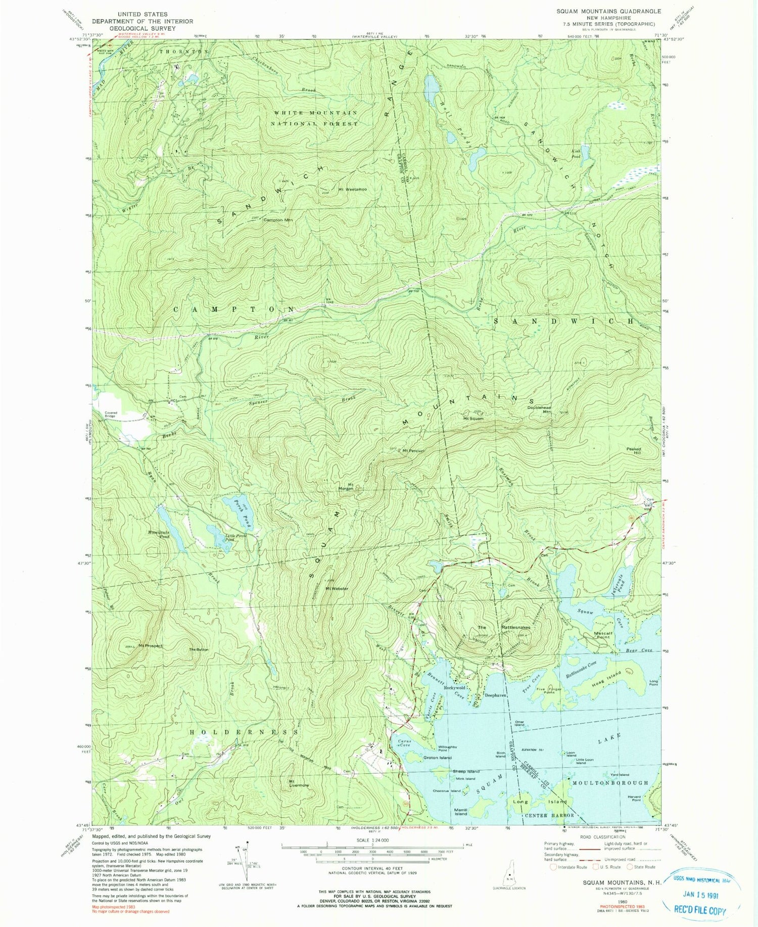 Classic USGS Squam Mountains New Hampshire 7.5'x7.5' Topo Map Image