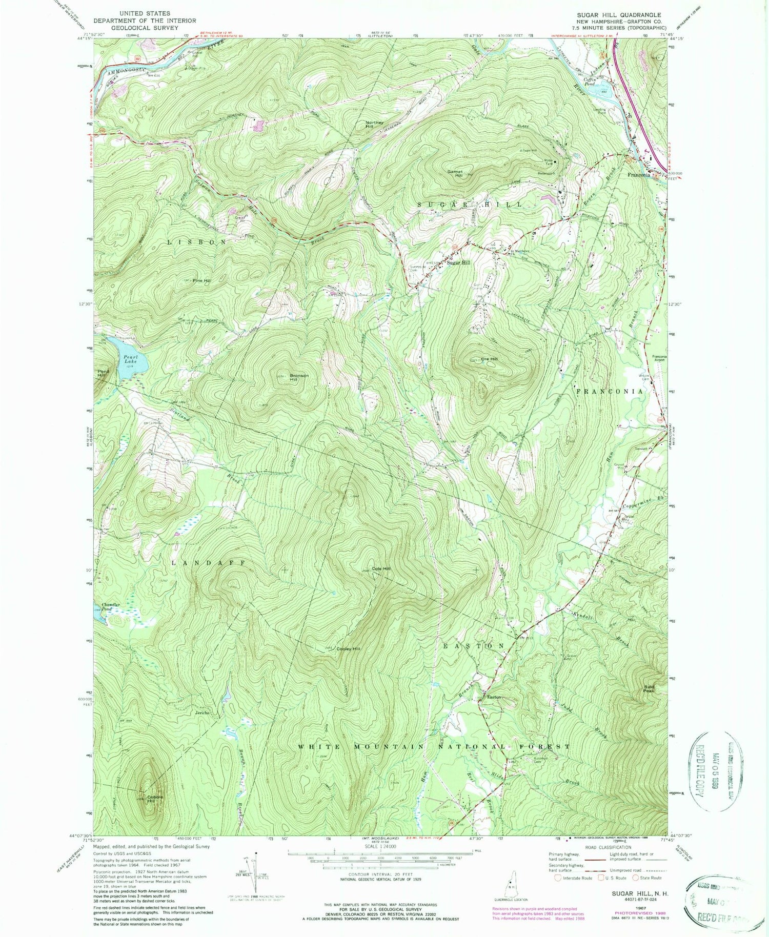 Classic USGS Sugar Hill New Hampshire 7.5'x7.5' Topo Map Image