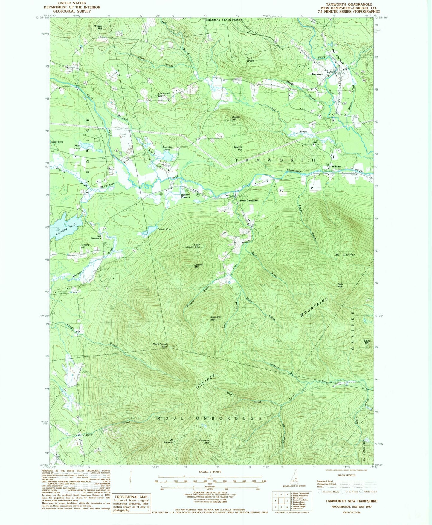 Classic USGS Tamworth New Hampshire 7.5'x7.5' Topo Map Image