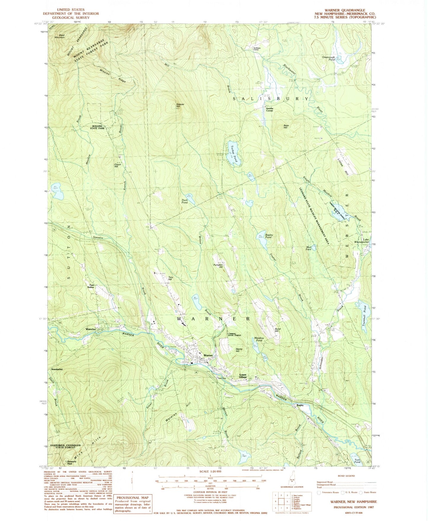 Classic USGS Warner New Hampshire 7.5'x7.5' Topo Map Image