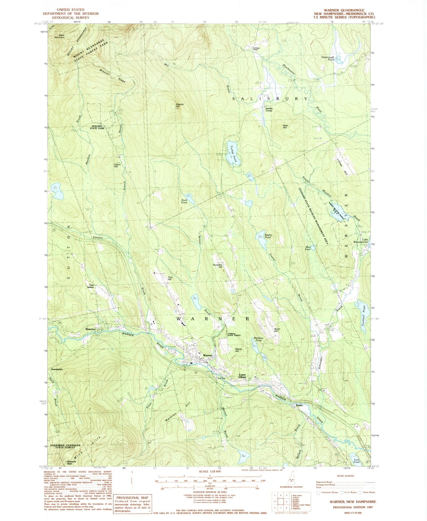 Classic USGS Warner New Hampshire 7.5'x7.5' Topo Map Image