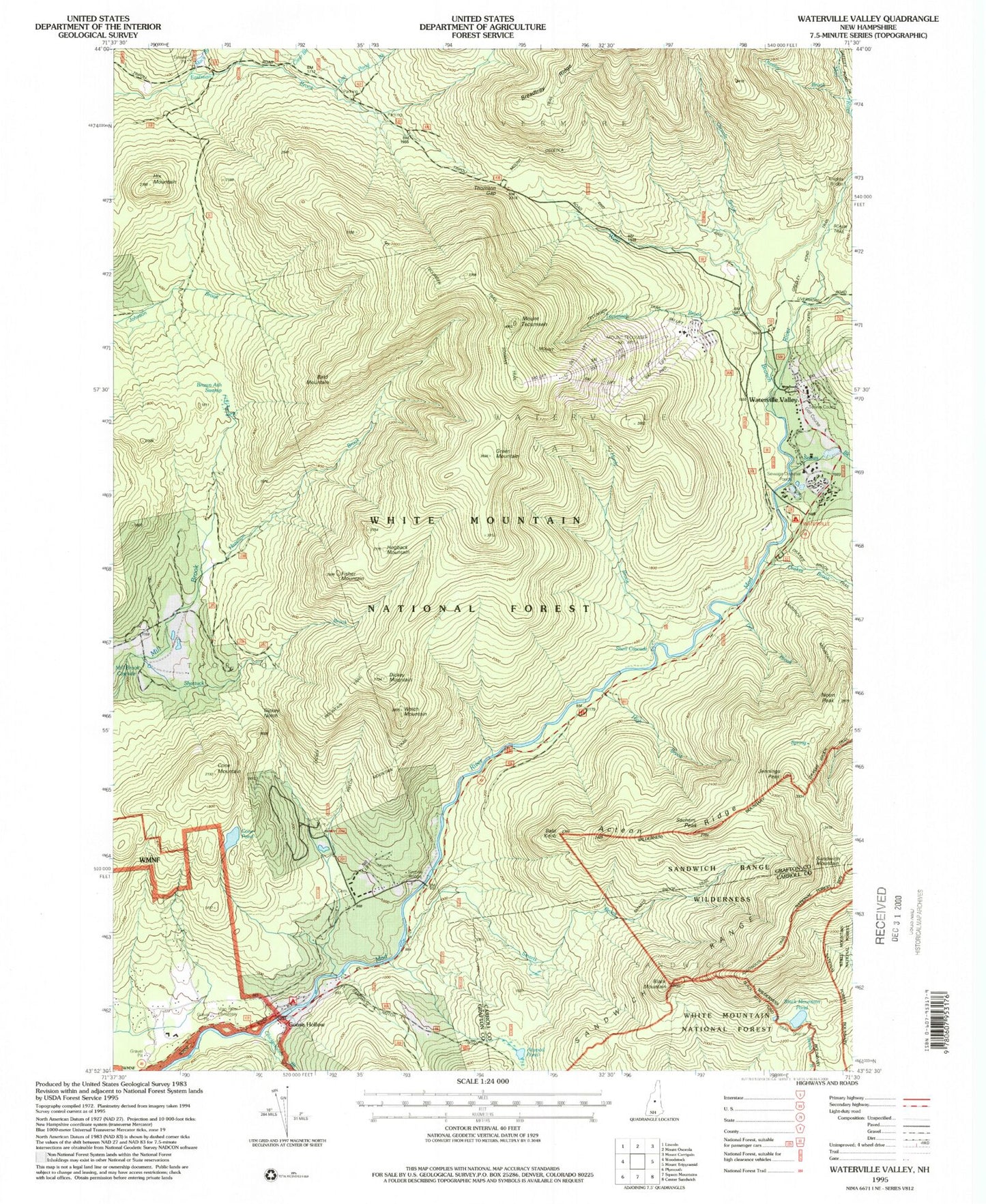 Classic USGS Waterville Valley New Hampshire 7.5'x7.5' Topo Map Image