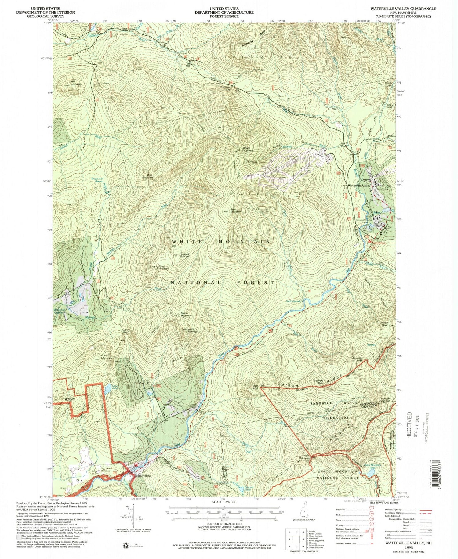 Classic USGS Waterville Valley New Hampshire 7.5'x7.5' Topo Map Image
