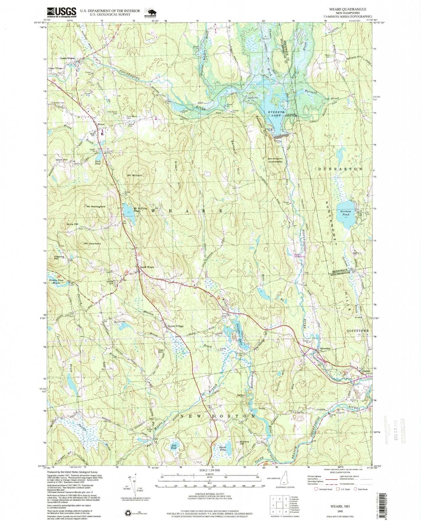 Classic USGS Weare New Hampshire 7.5'x7.5' Topo Map Image