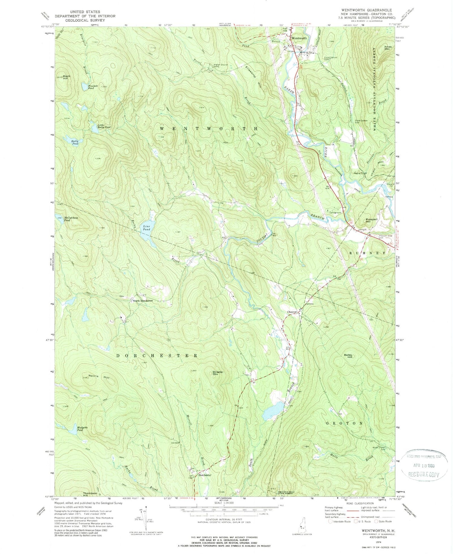 Classic USGS Wentworth New Hampshire 7.5'x7.5' Topo Map Image
