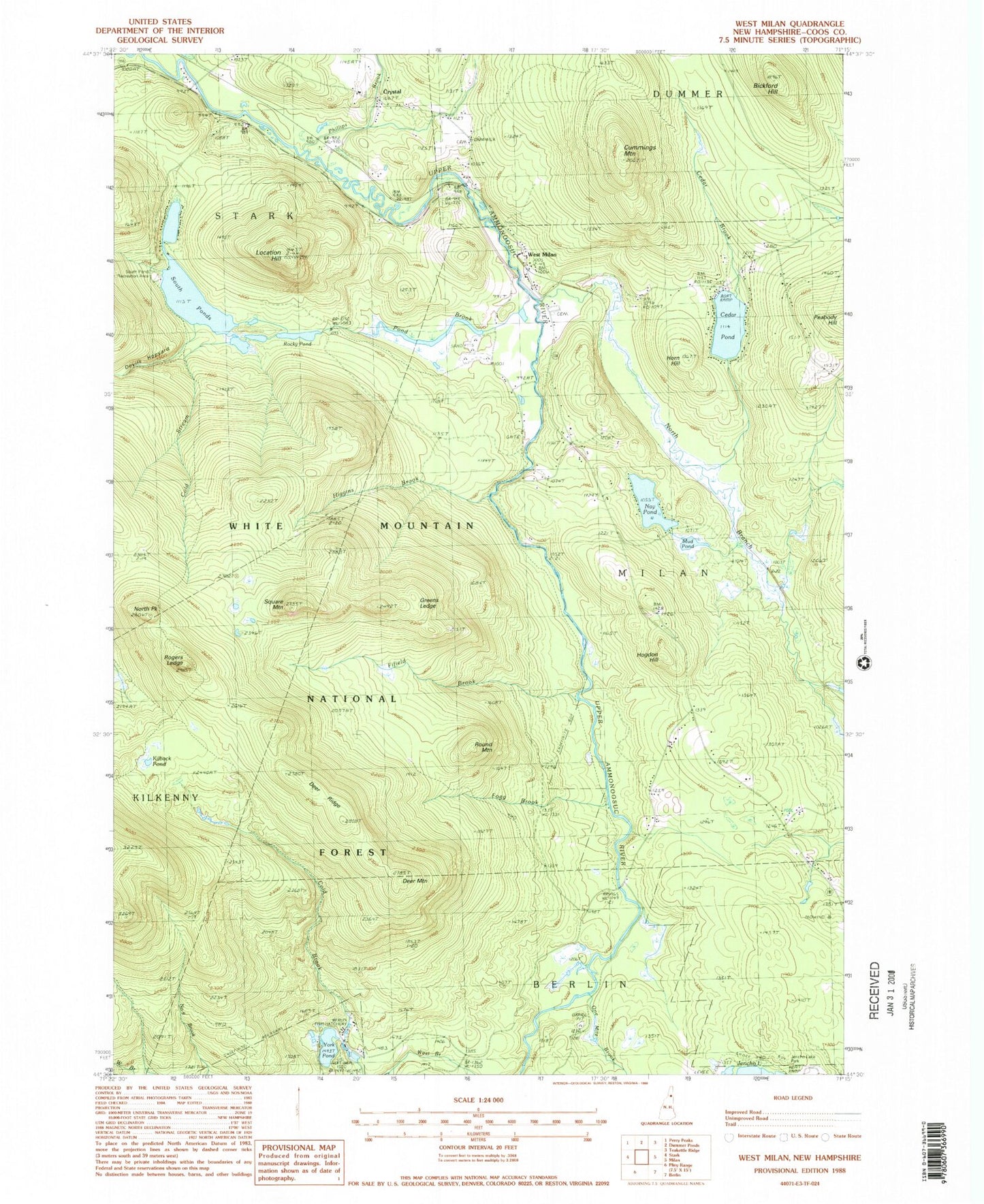 Classic USGS West Milan New Hampshire 7.5'x7.5' Topo Map Image