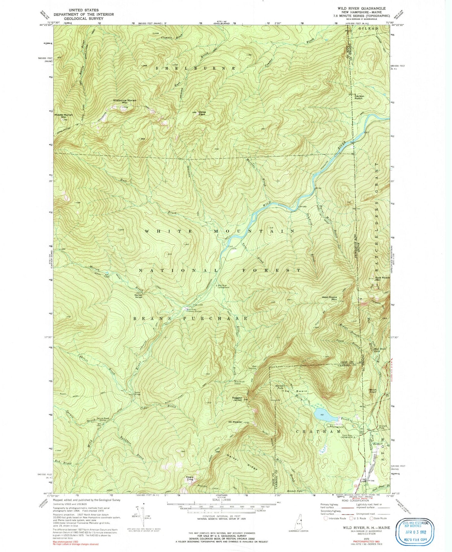 Classic USGS Wild River New Hampshire 7.5'x7.5' Topo Map Image