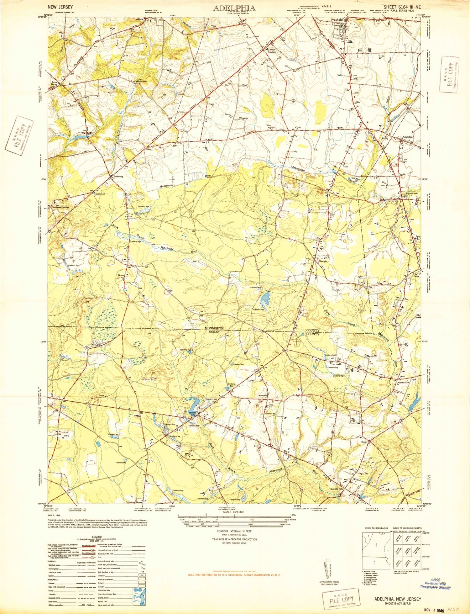 Classic USGS Adelphia New Jersey 7.5'x7.5' Topo Map Image