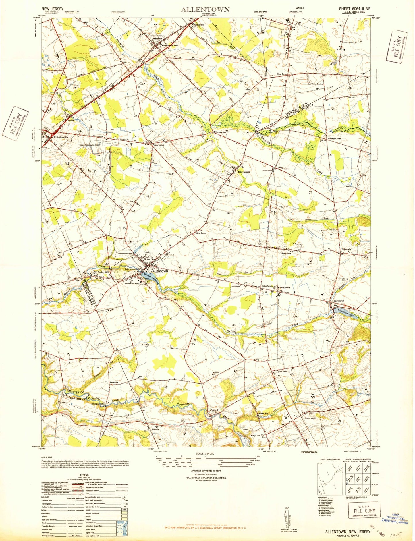 Classic USGS Allentown New Jersey 7.5'x7.5' Topo Map Image