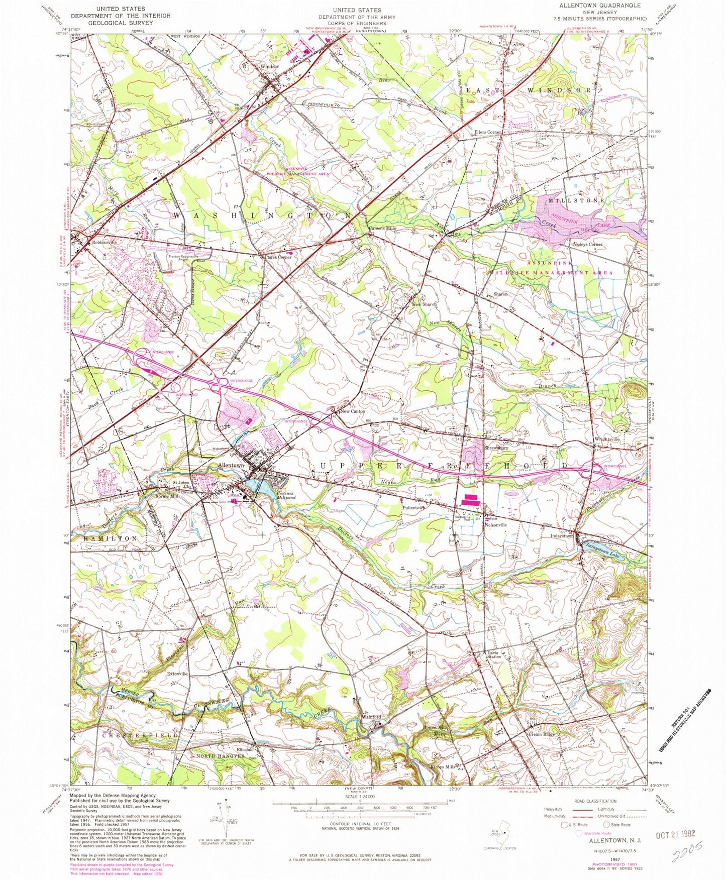 Classic USGS Allentown New Jersey 7.5'x7.5' Topo Map Image
