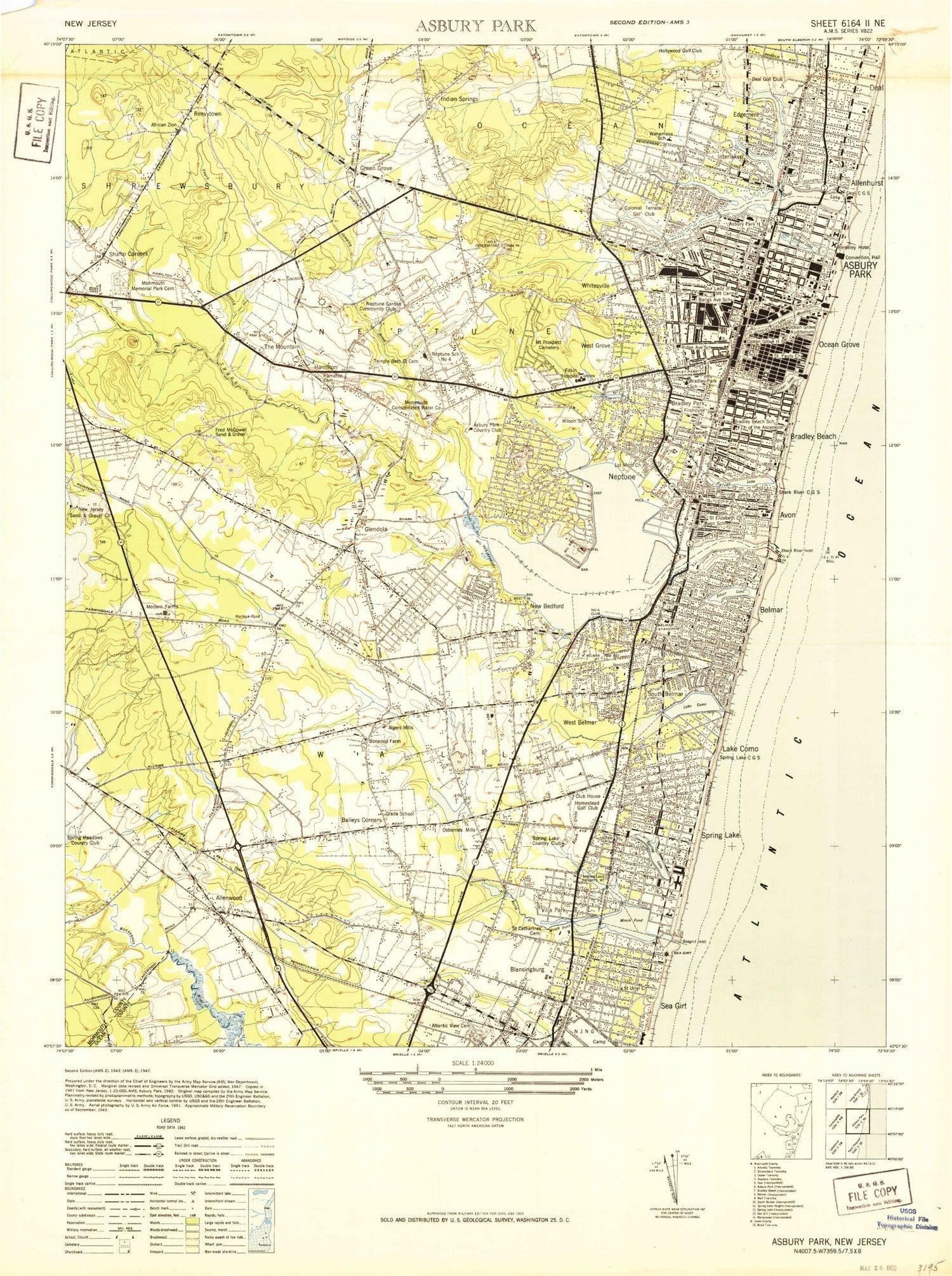 Classic USGS Asbury Park New Jersey 7.5'x7.5' Topo Map Image