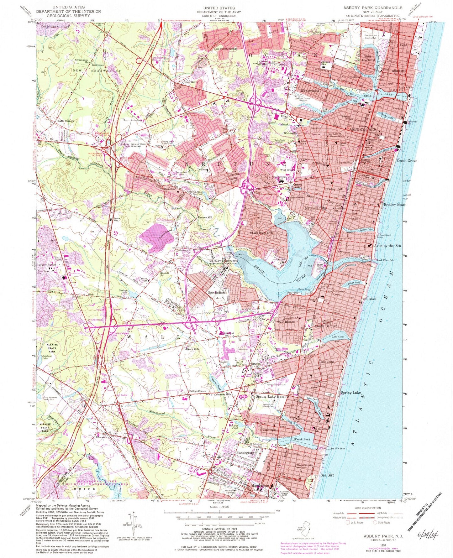 Classic USGS Asbury Park New Jersey 7.5'x7.5' Topo Map Image