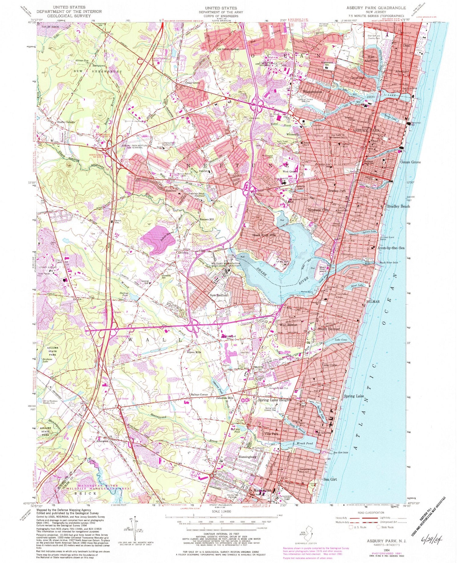 Classic USGS Asbury Park New Jersey 7.5'x7.5' Topo Map Image