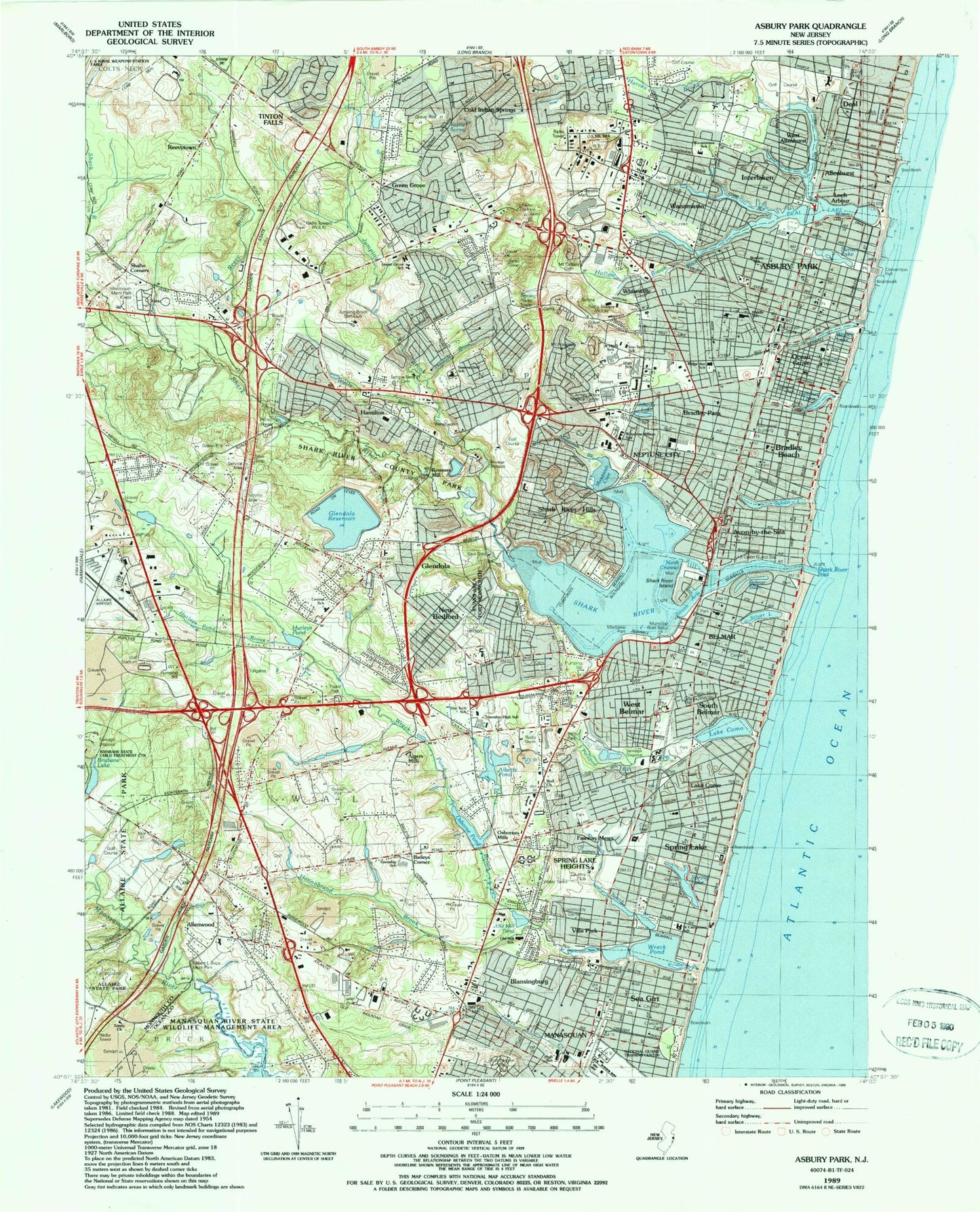 Classic USGS Asbury Park New Jersey 7.5'x7.5' Topo Map Image