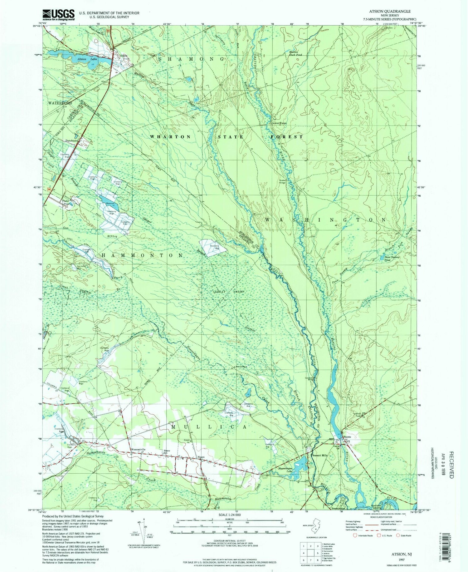 USGS Classic Atsion New Jersey 7.5'x7.5' Topo Map Image