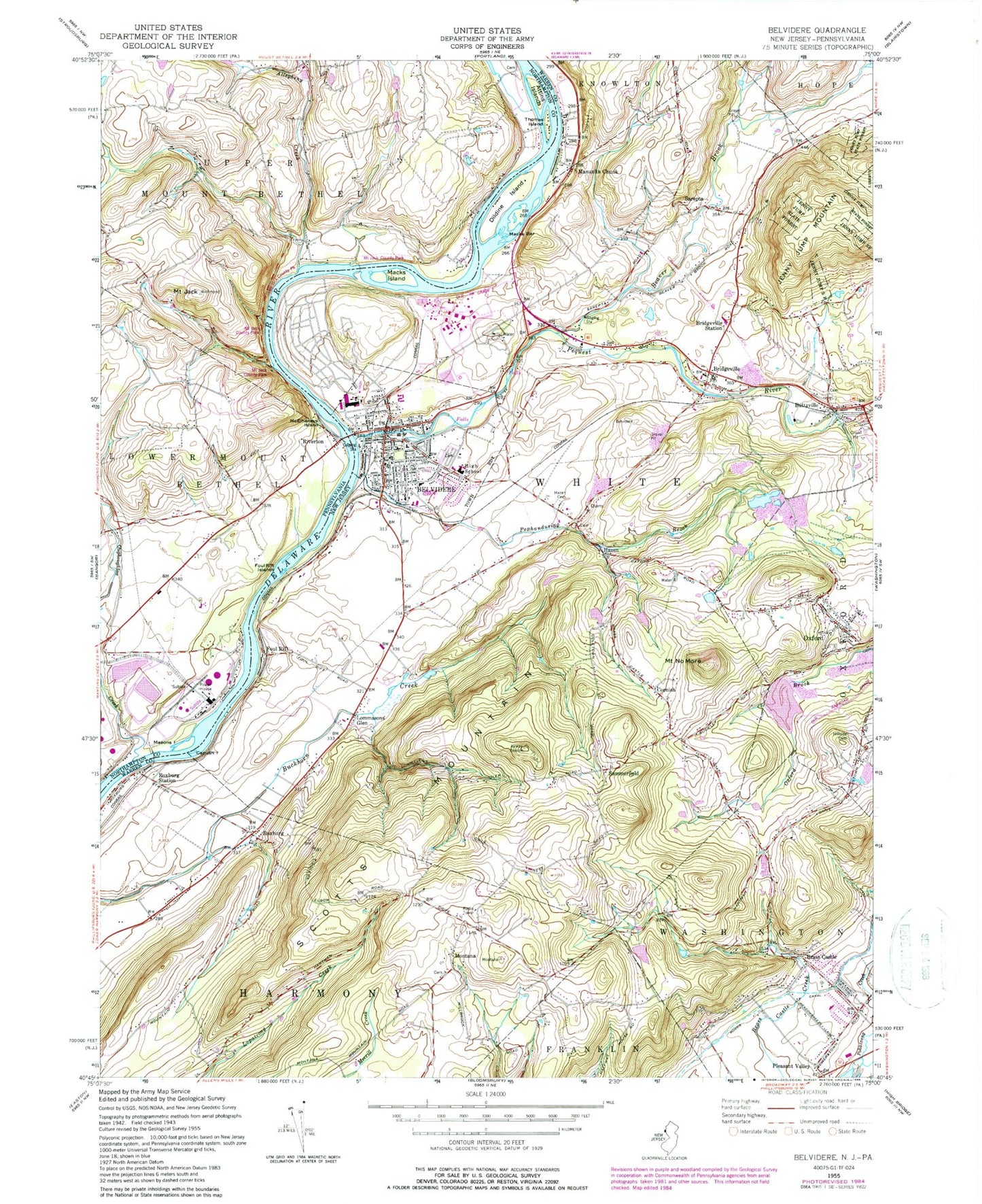 Classic USGS Belvidere New Jersey 7.5'x7.5' Topo Map Image