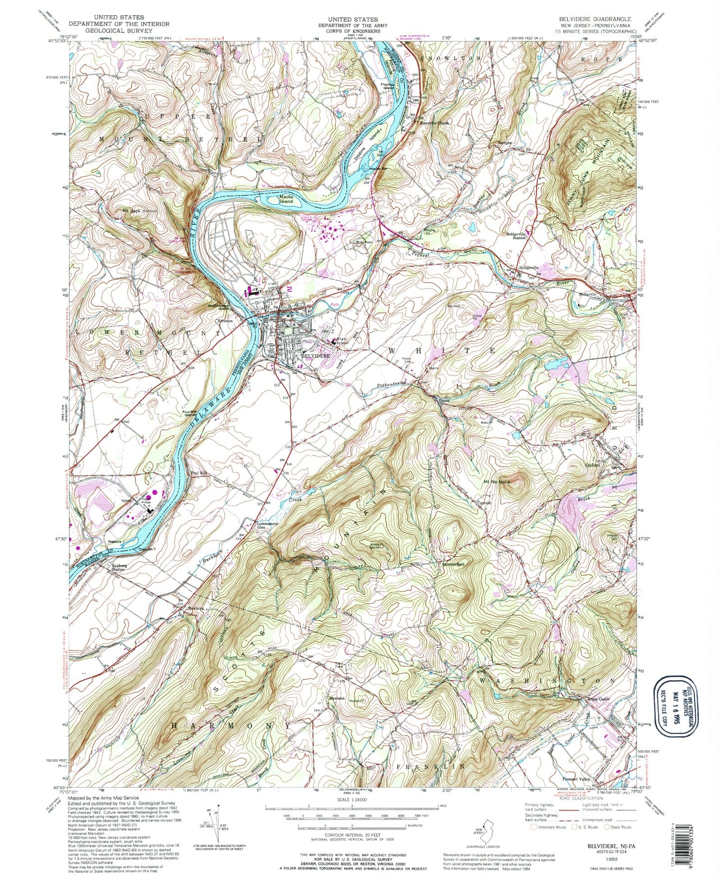 Classic USGS Belvidere New Jersey 7.5'x7.5' Topo Map Image