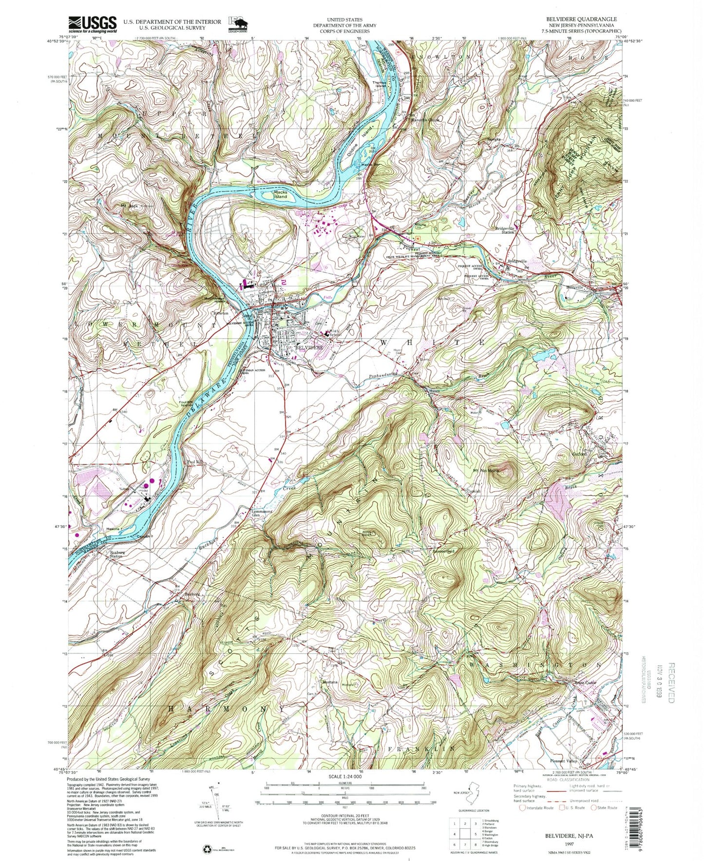 Classic USGS Belvidere New Jersey 7.5'x7.5' Topo Map Image