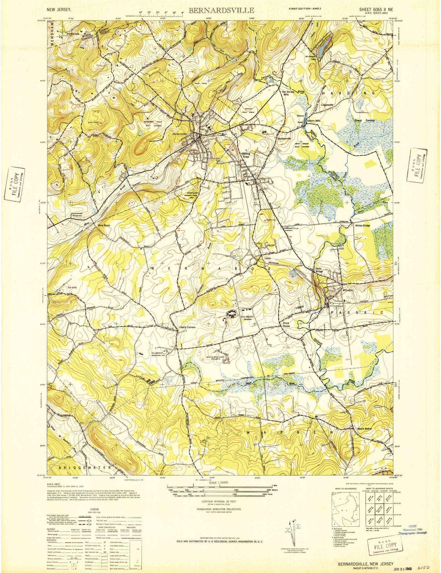 Classic USGS Bernardsville New Jersey 7.5'x7.5' Topo Map Image