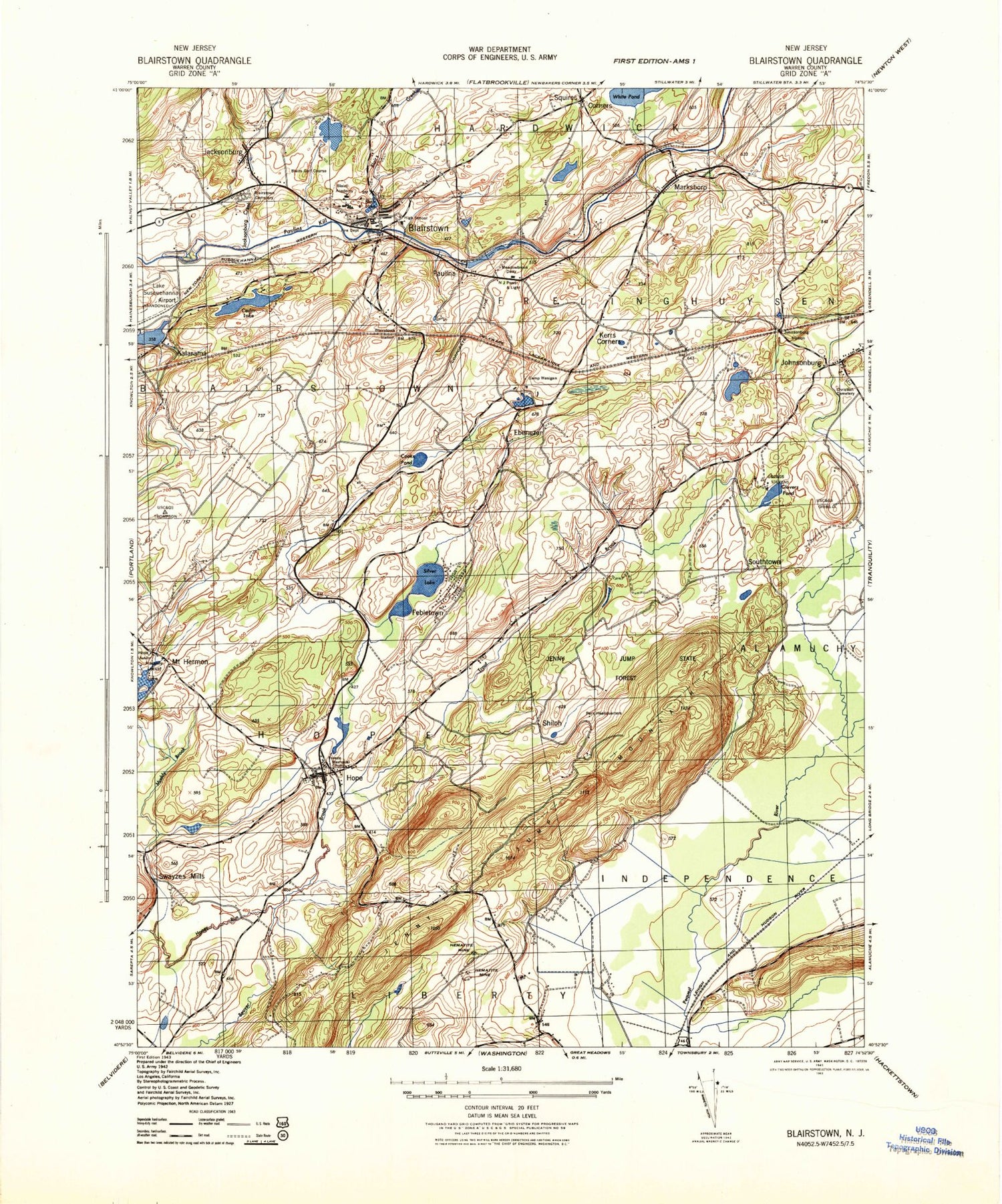 Classic USGS Blairstown New Jersey 7.5'x7.5' Topo Map Image