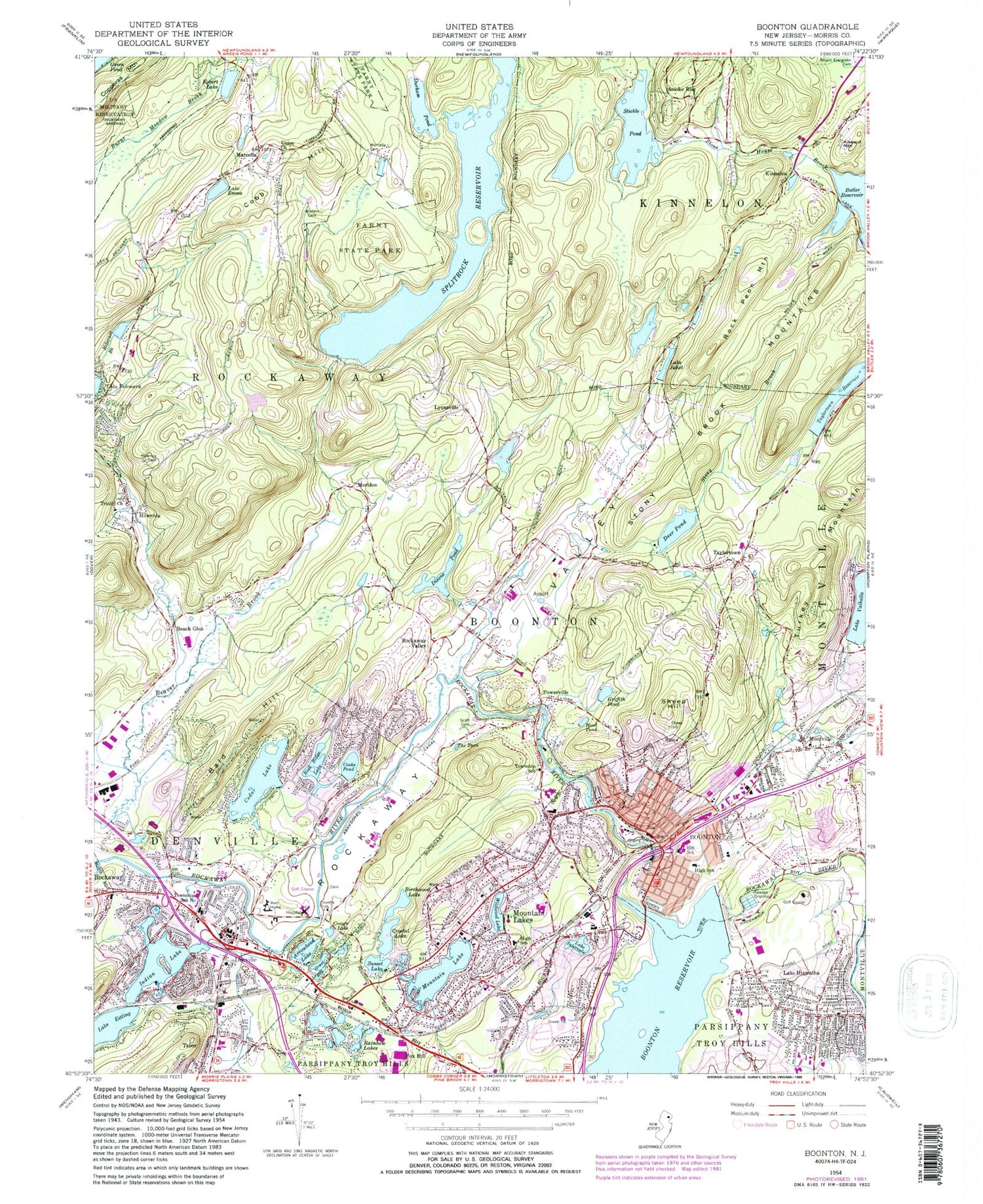 Classic USGS Boonton New Jersey 7.5'x7.5' Topo Map Image