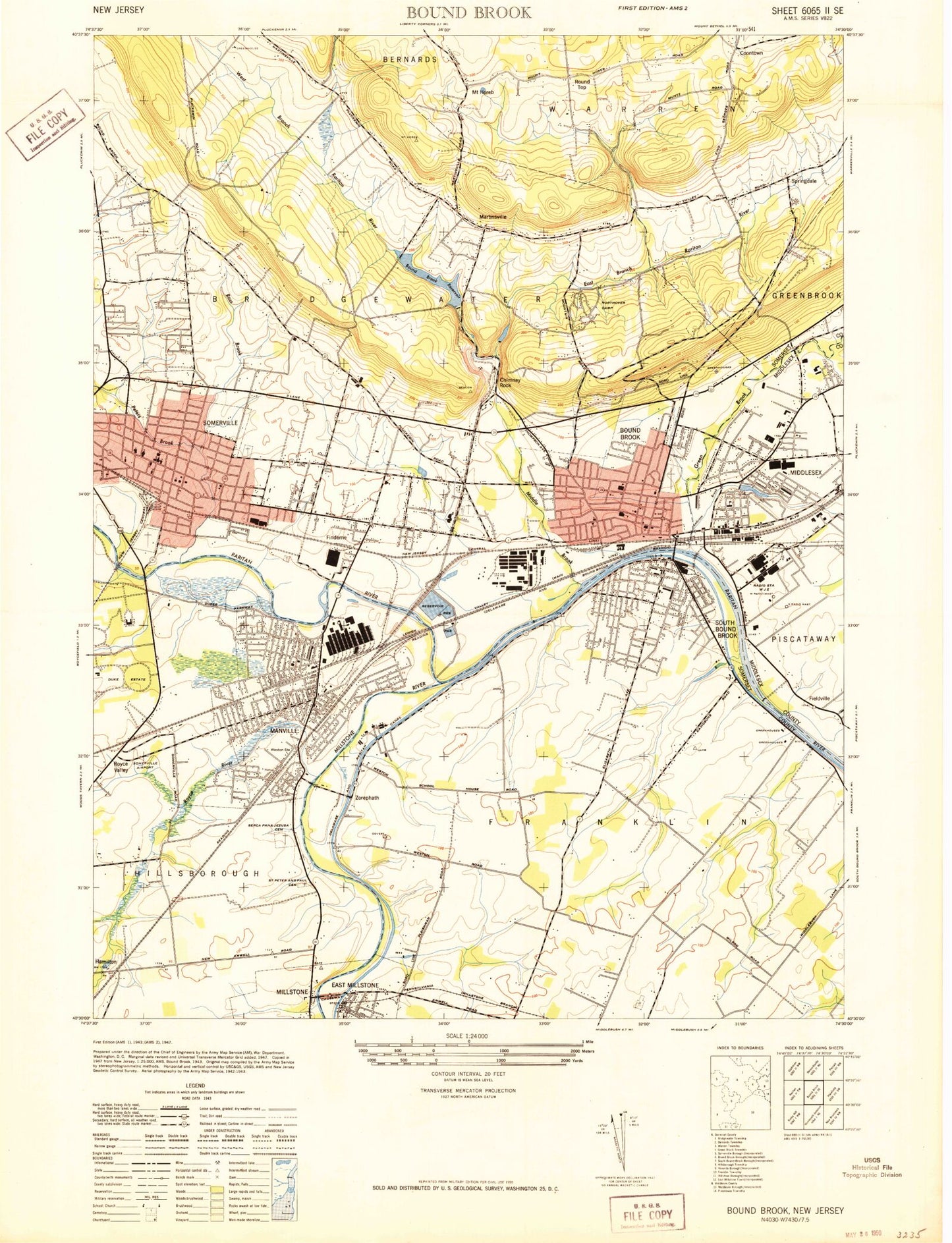 Classic USGS Bound Brook New Jersey 7.5'x7.5' Topo Map Image