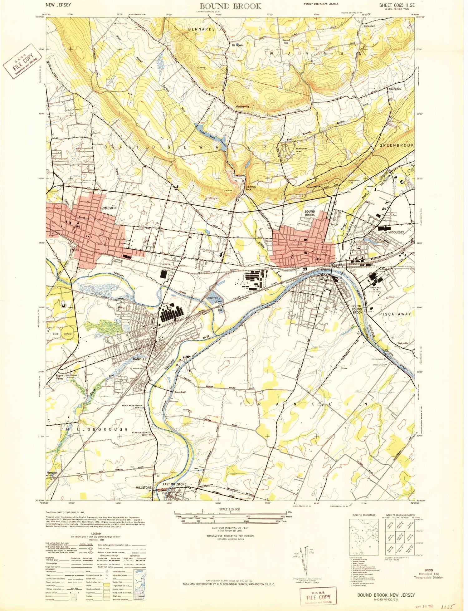 Classic USGS Bound Brook New Jersey 7.5'x7.5' Topo Map Image