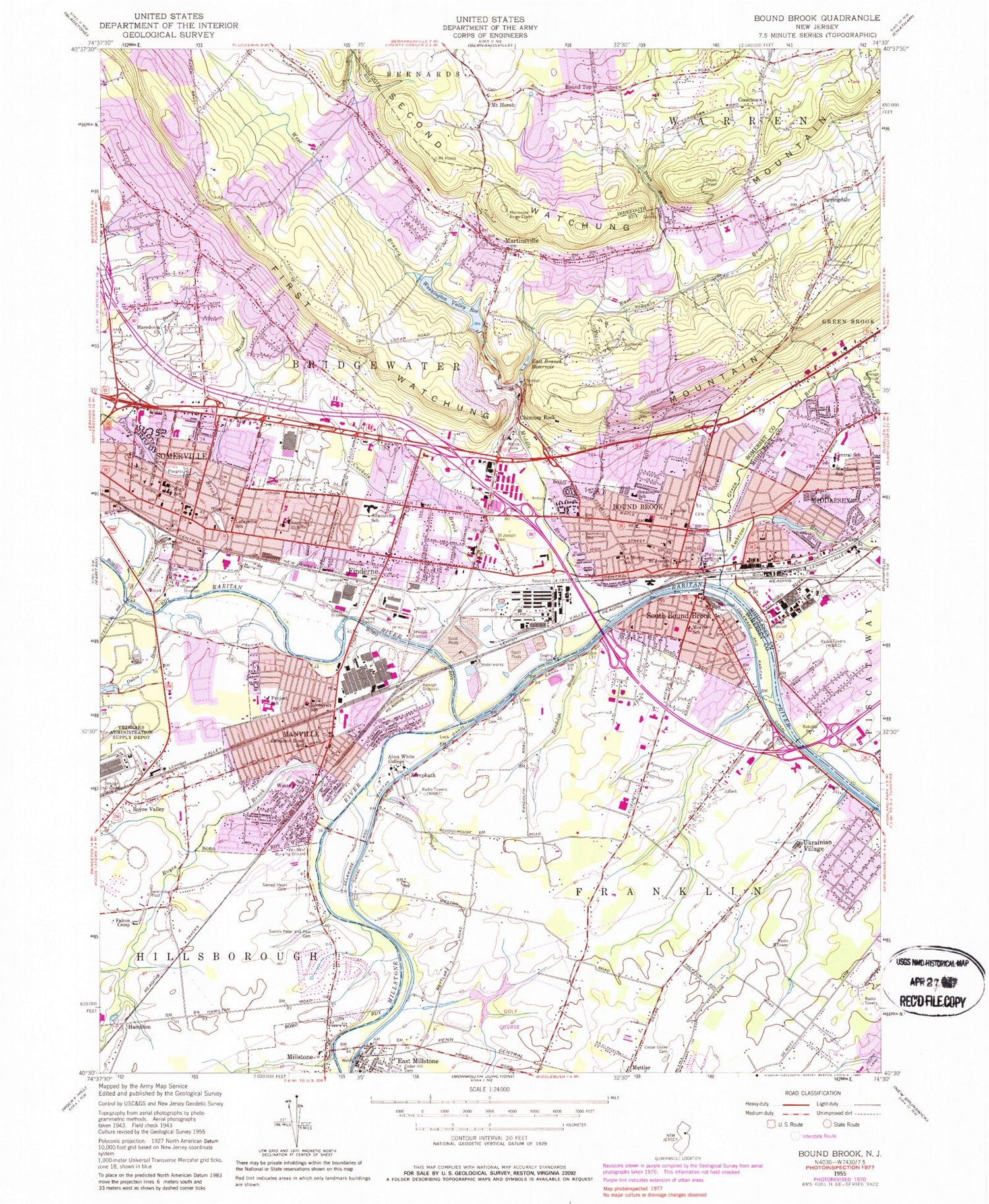 Classic USGS Bound Brook New Jersey 7.5'x7.5' Topo Map Image