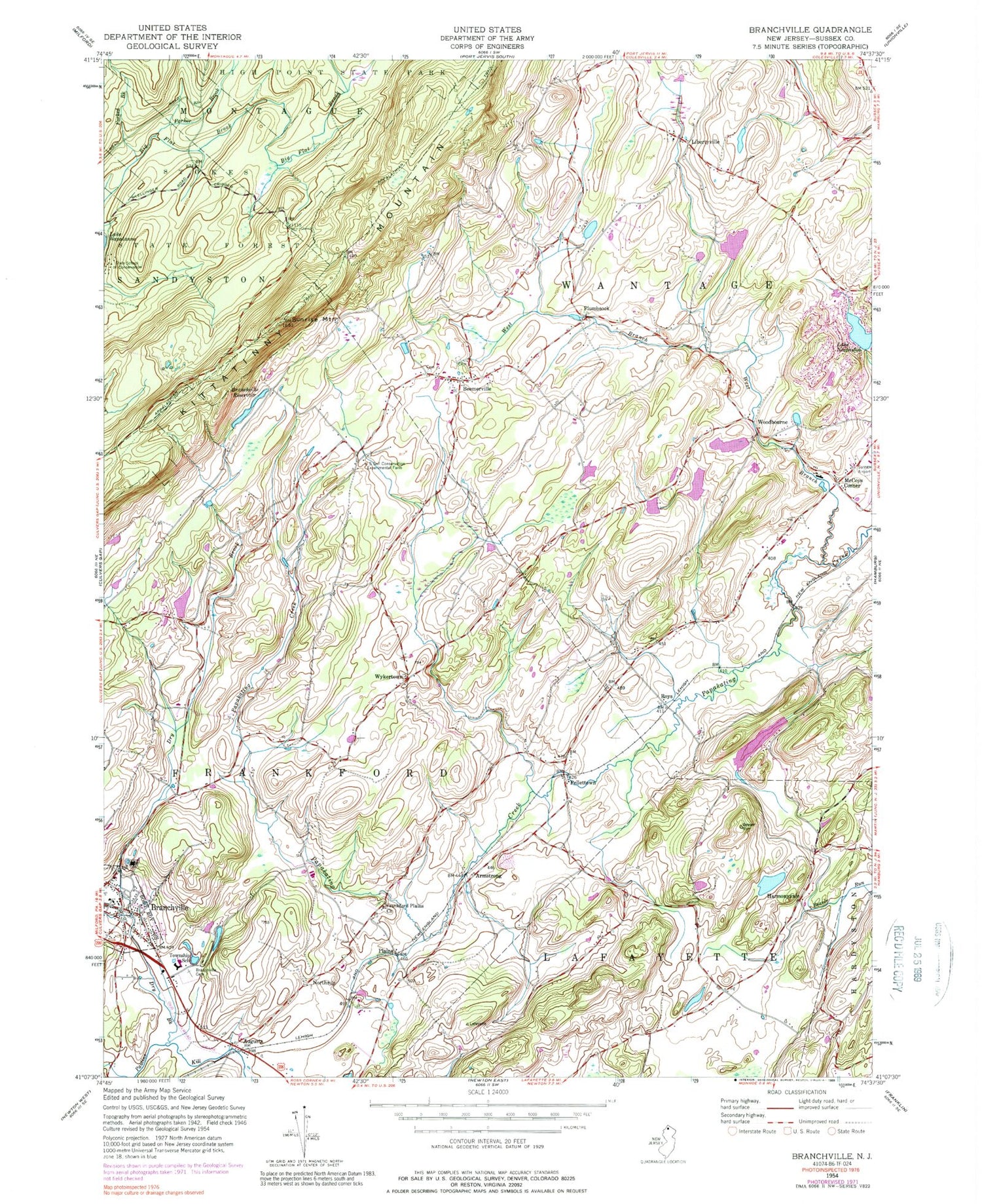 Classic USGS Branchville New Jersey 7.5'x7.5' Topo Map Image