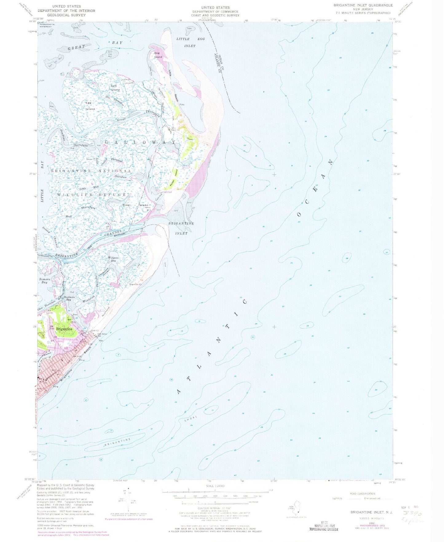 Classic USGS Brigantine Inlet New Jersey 7.5'x7.5' Topo Map Image